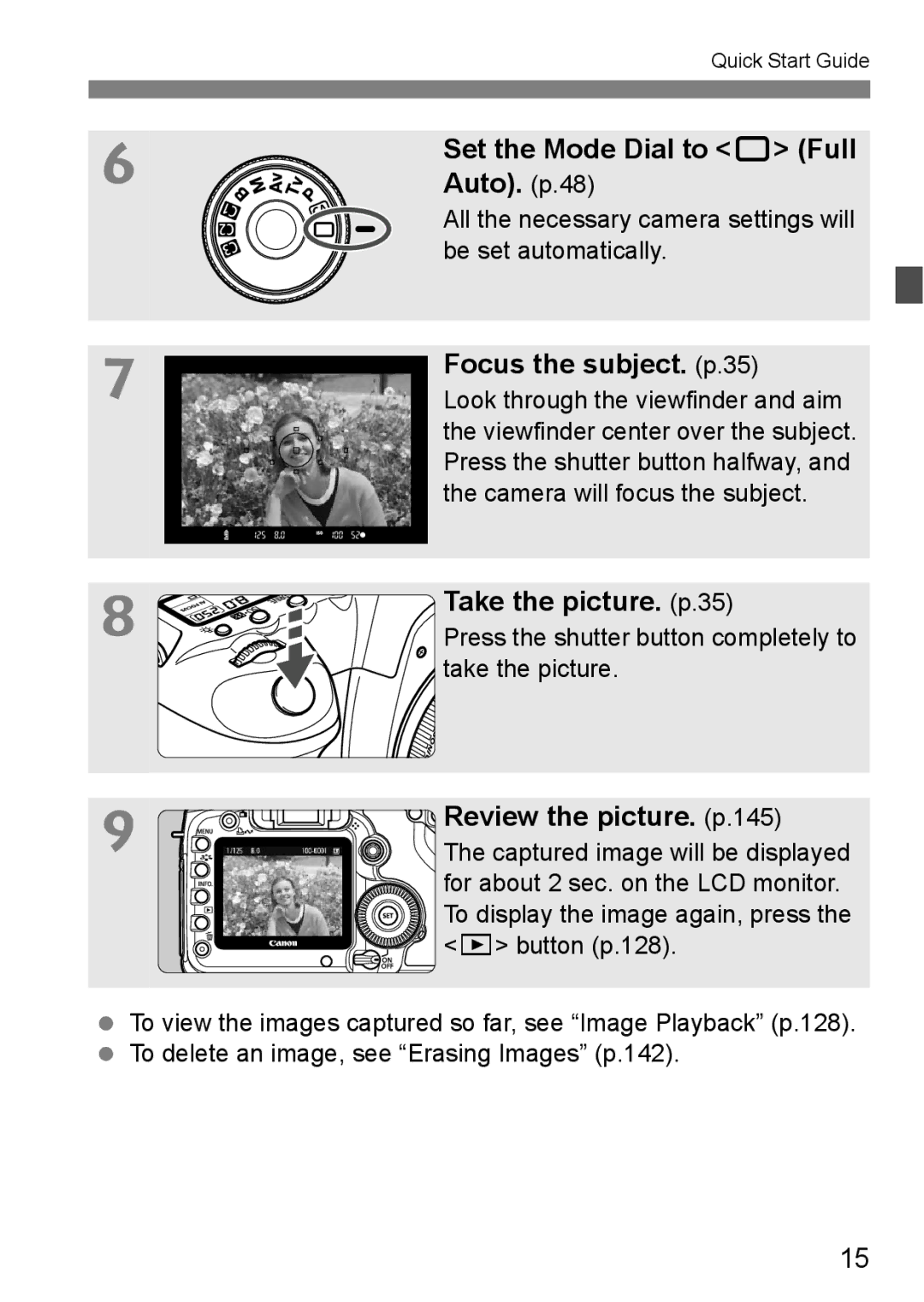 Canon EOS 5D instruction manual Set the Mode Dial to 1 Full Auto. p.48, Focus the subject. p.35, Take the picture. p.35 