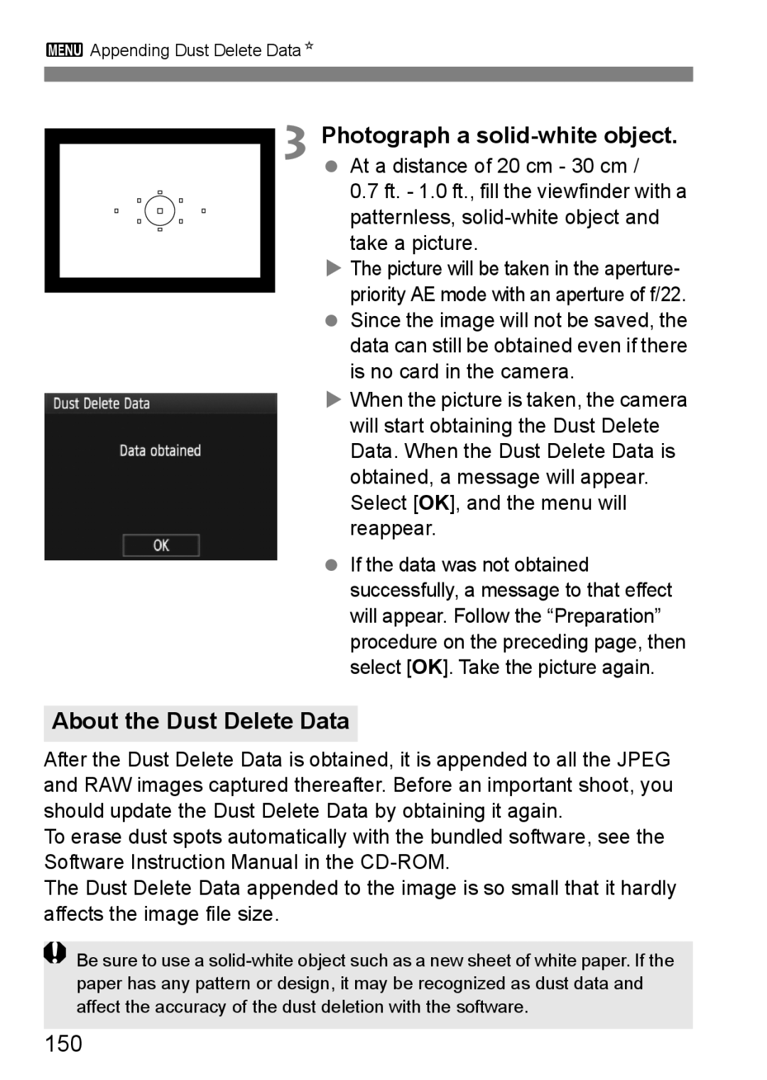 Canon EOS 5D instruction manual About the Dust Delete Data, 150 