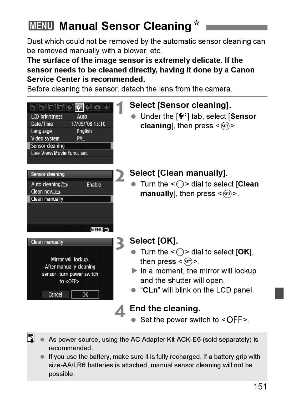 Canon EOS 5D 3Manual Sensor CleaningN, Select Sensor cleaning, Select Clean manually, End the cleaning, 151 