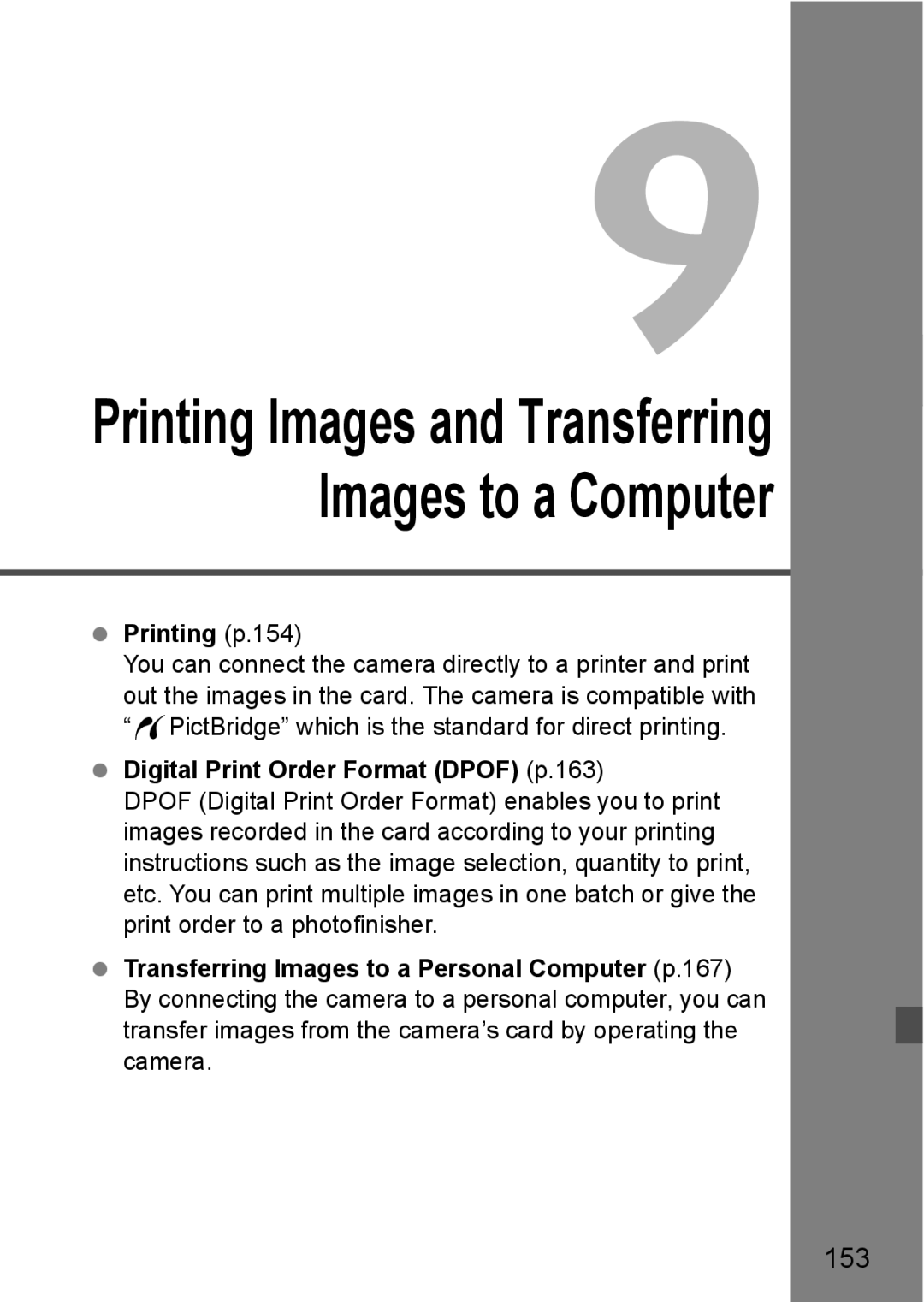 Canon EOS 5D instruction manual 153, Printing p.154, Digital Print Order Format Dpof p.163 