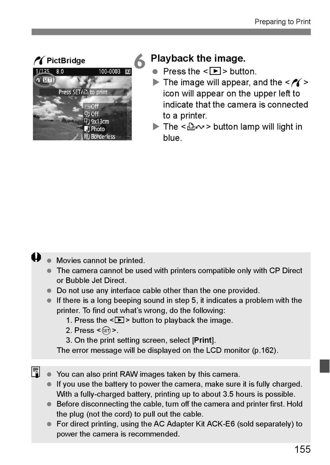 Canon EOS 5D instruction manual 155, Press the x button, Icon will appear on the upper left to, To a printer 