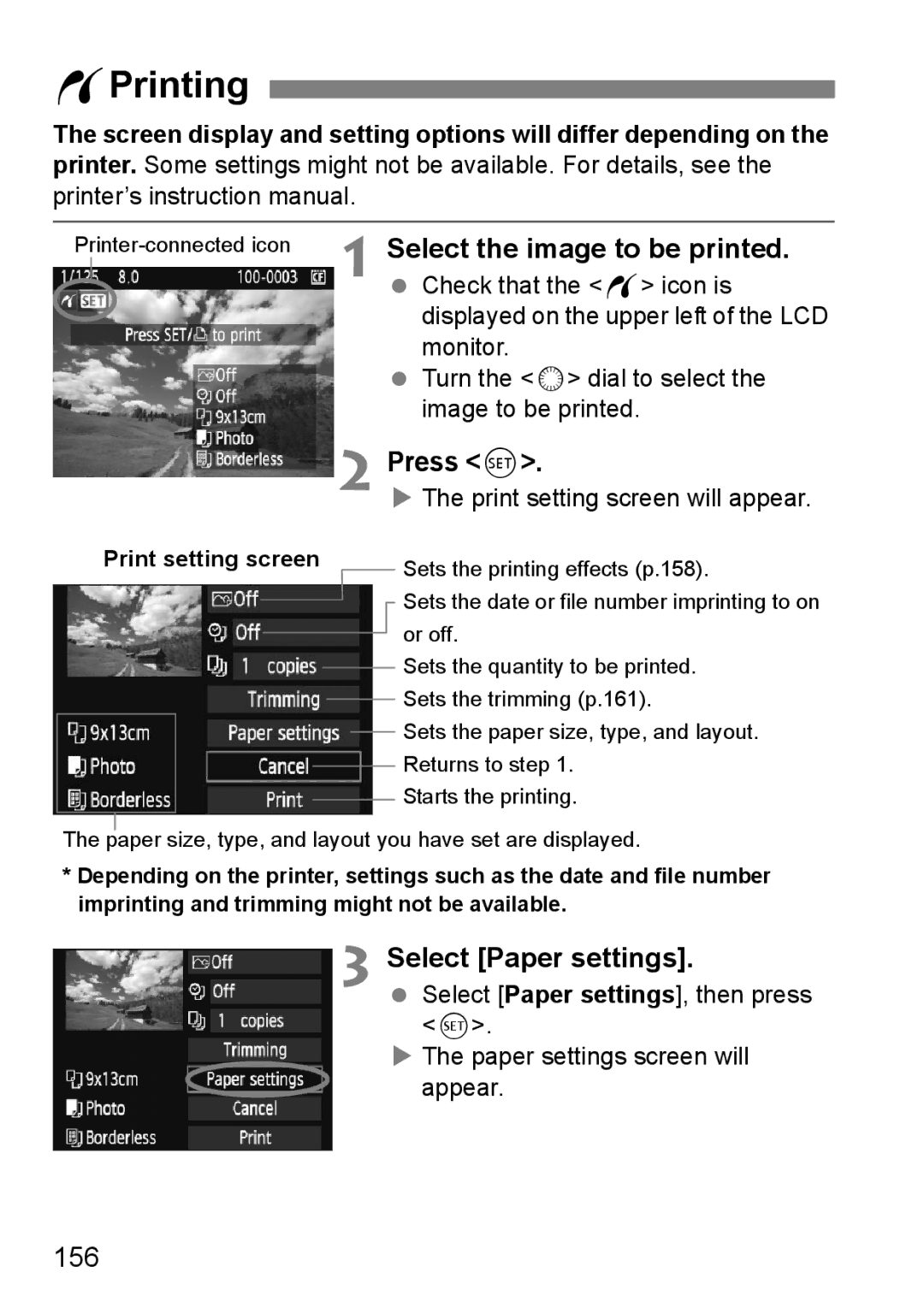 Canon EOS 5D instruction manual WPrinting, Select the image to be printed, Select Paper settings, 156 