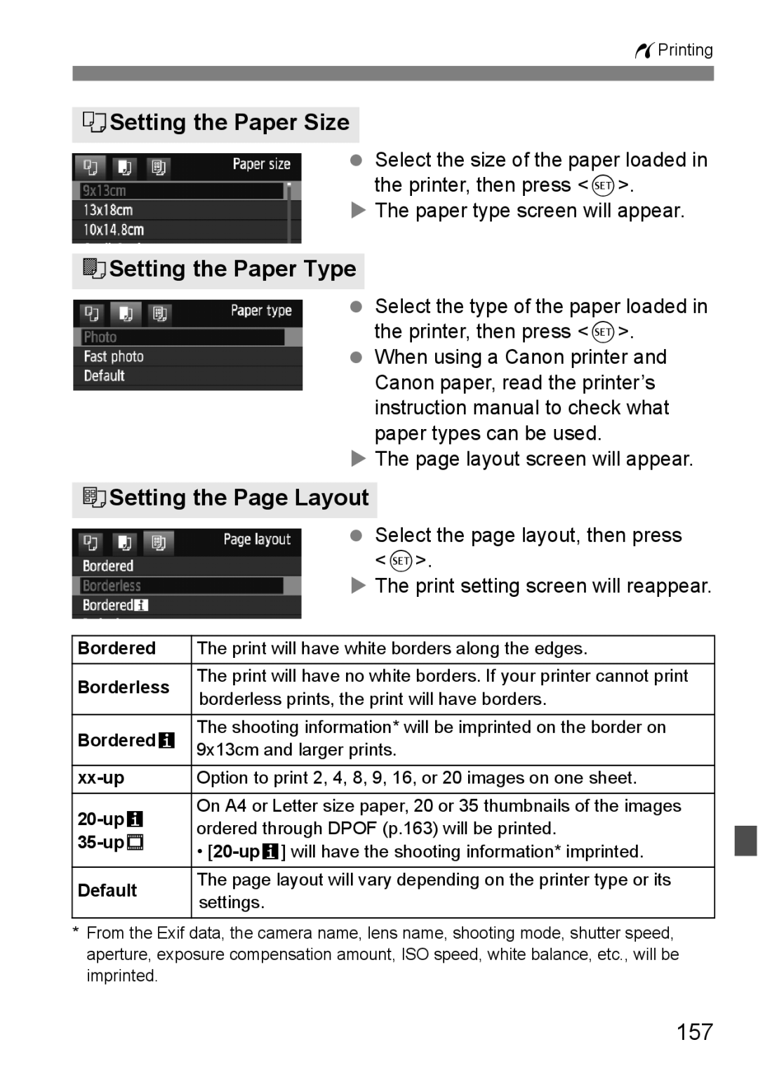 Canon EOS 5D instruction manual QSetting the Paper Size, YSetting the Paper Type, USetting the Page Layout, 157 