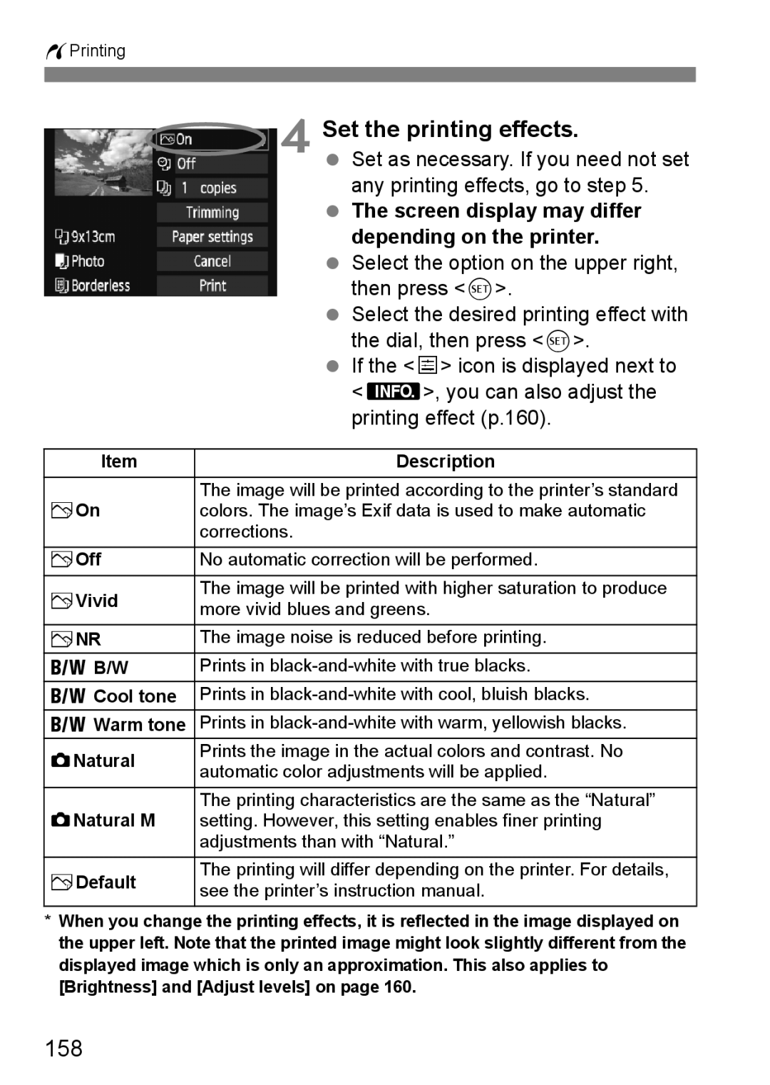 Canon EOS 5D instruction manual Set the printing effects, 158, Screen display may differ, Depending on the printer 