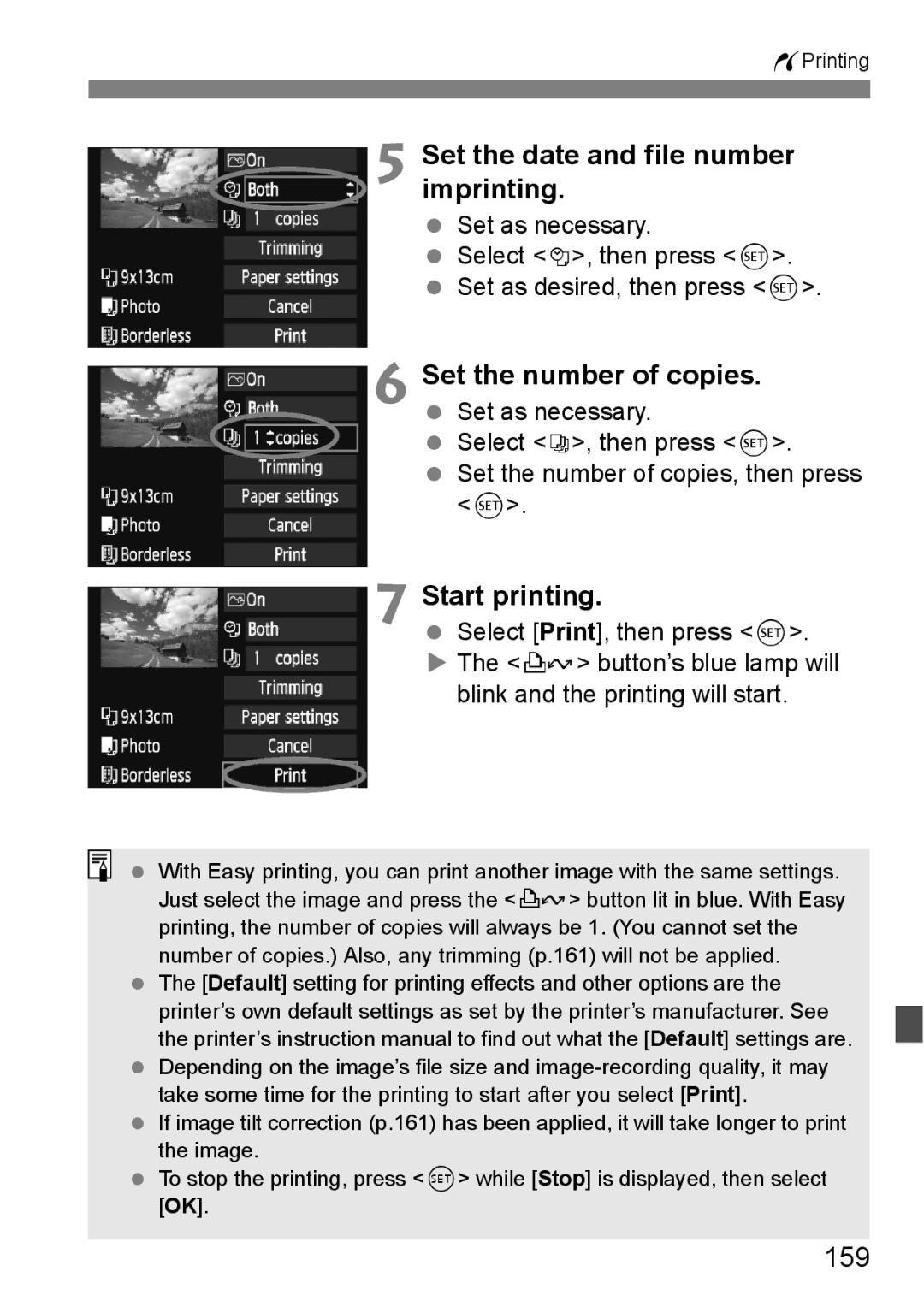 Canon EOS 5D instruction manual Set the date and file number imprinting, Start printing, 159 