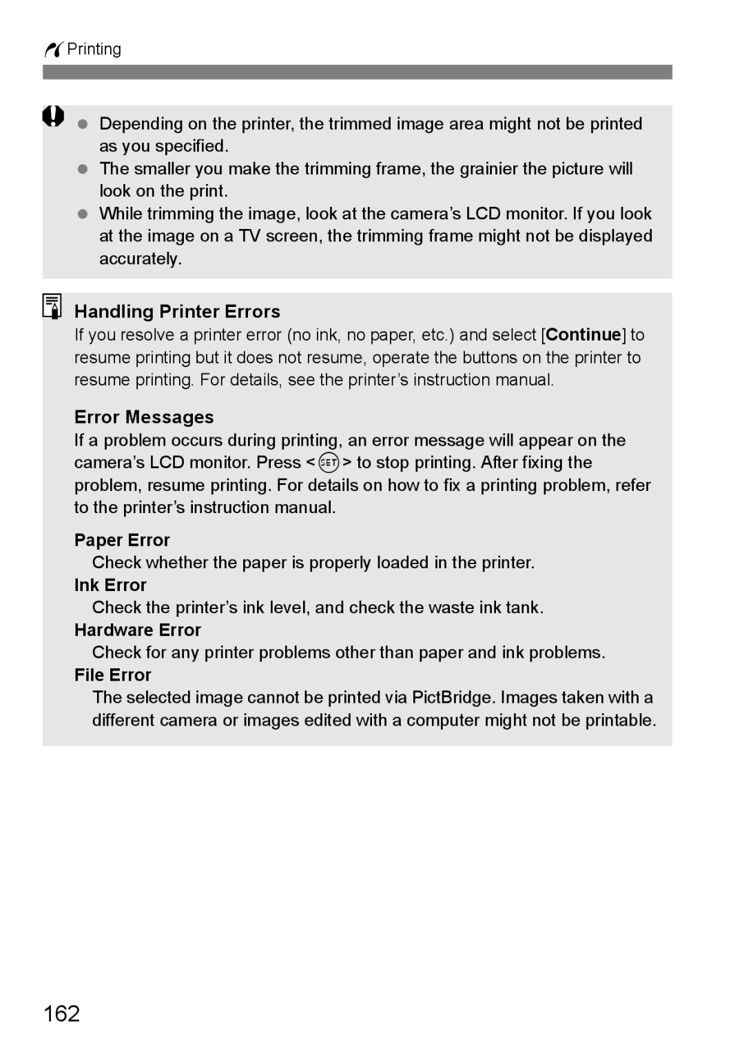 Canon EOS 5D instruction manual 162, Handling Printer Errors Error Messages 