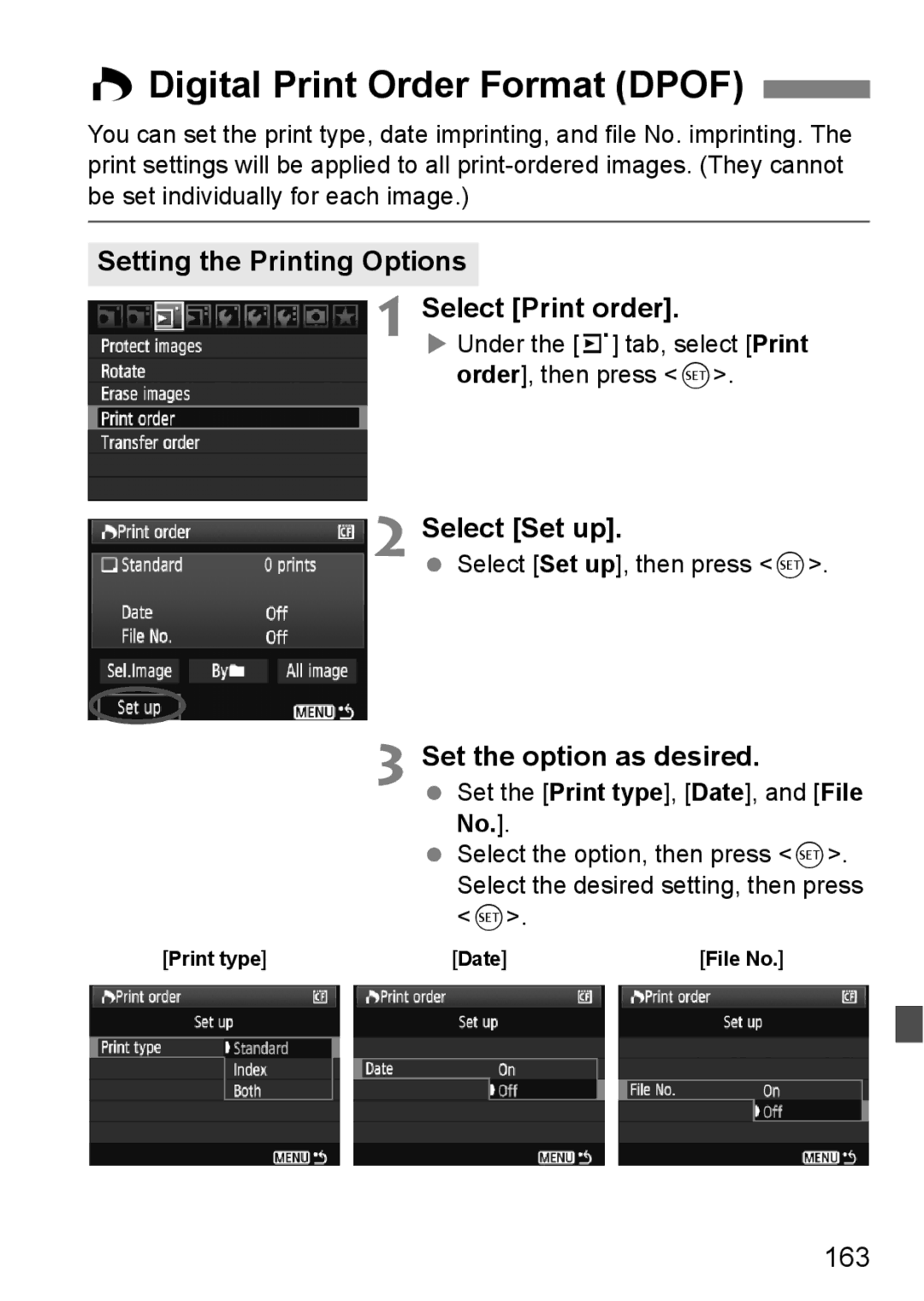 Canon EOS 5D Digital Print Order Format Dpof, Setting the Printing Options Select Print order, Select Set up, 163 