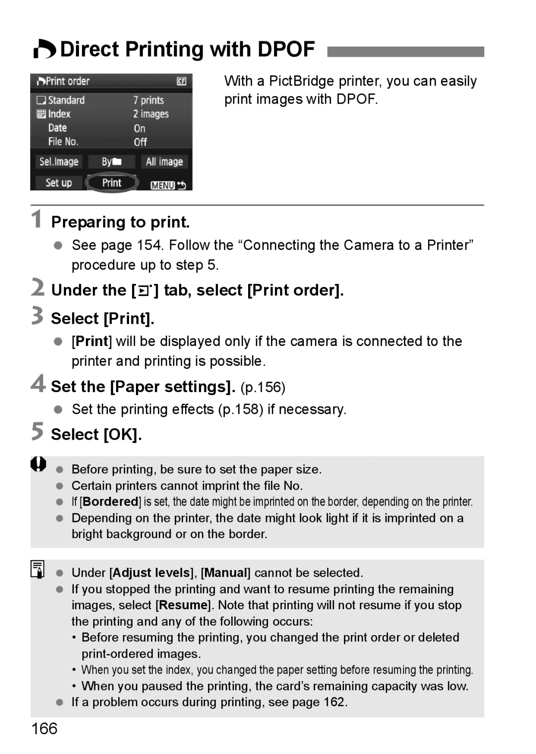 Canon EOS 5D WDirect Printing with Dpof, Preparing to print, Under the 3 tab, select Print order. Select Print, 166 