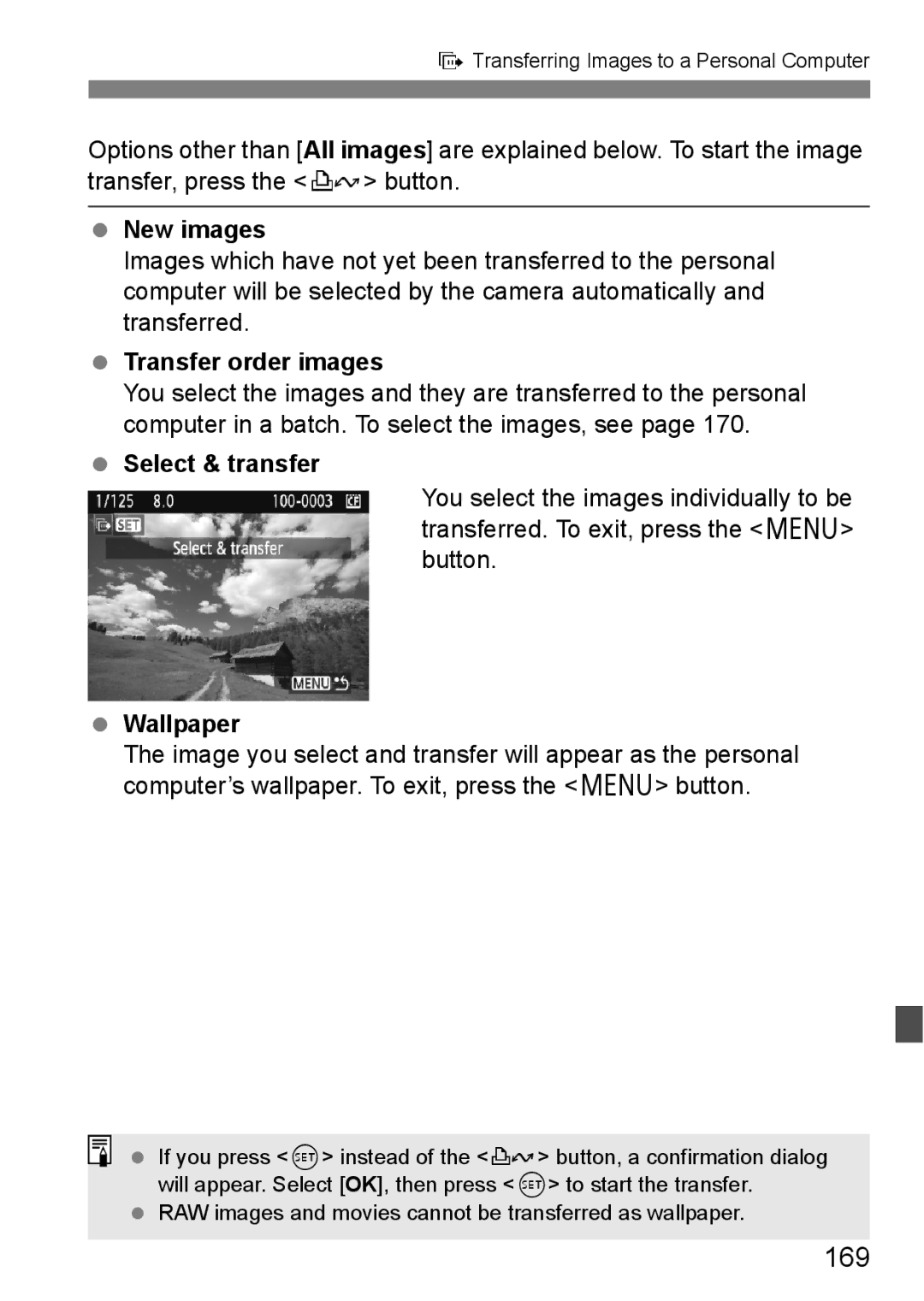 Canon EOS 5D instruction manual 169, New images, Transfer order images, Select & transfer, Wallpaper 