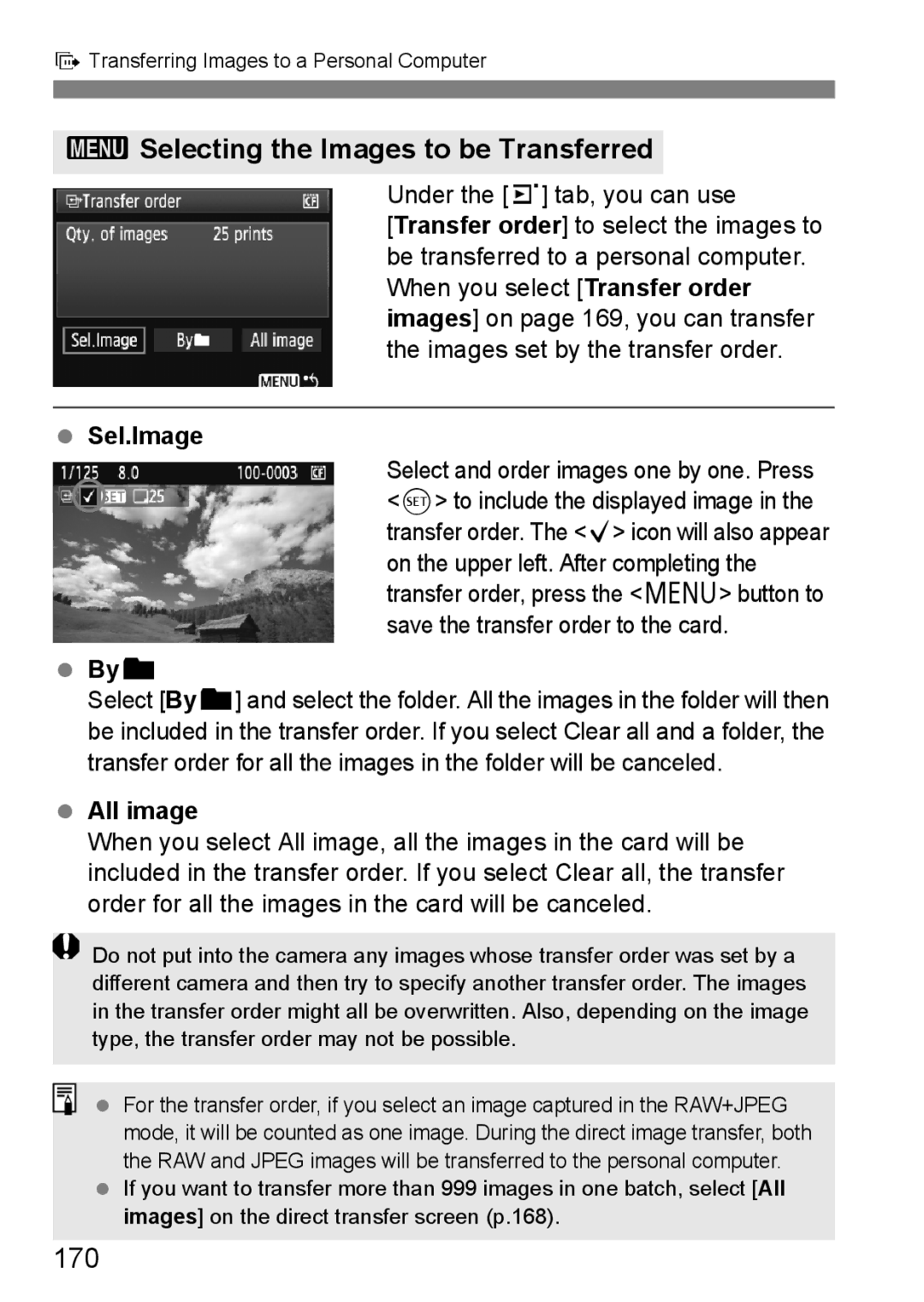 Canon EOS 5D instruction manual 3Selecting the Images to be Transferred, 170, Under the 3 tab, you can use 