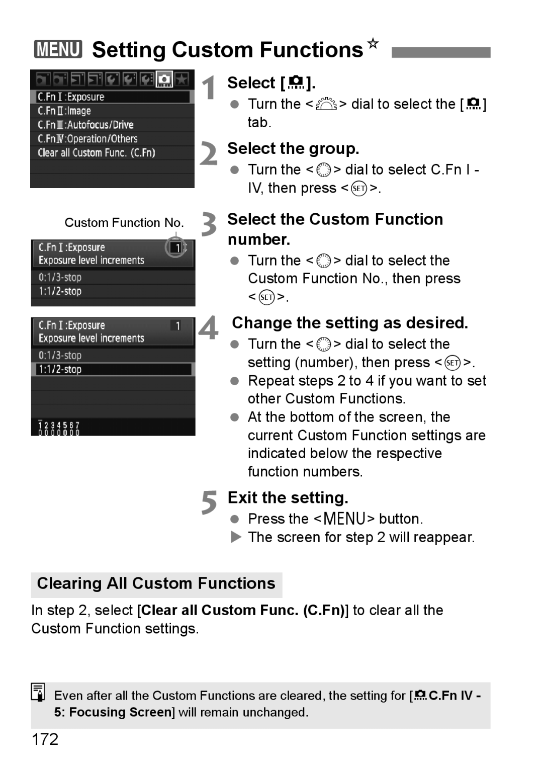 Canon EOS 5D instruction manual 3Setting Custom FunctionsN, Custom Function No Select the Custom Function number, 172 