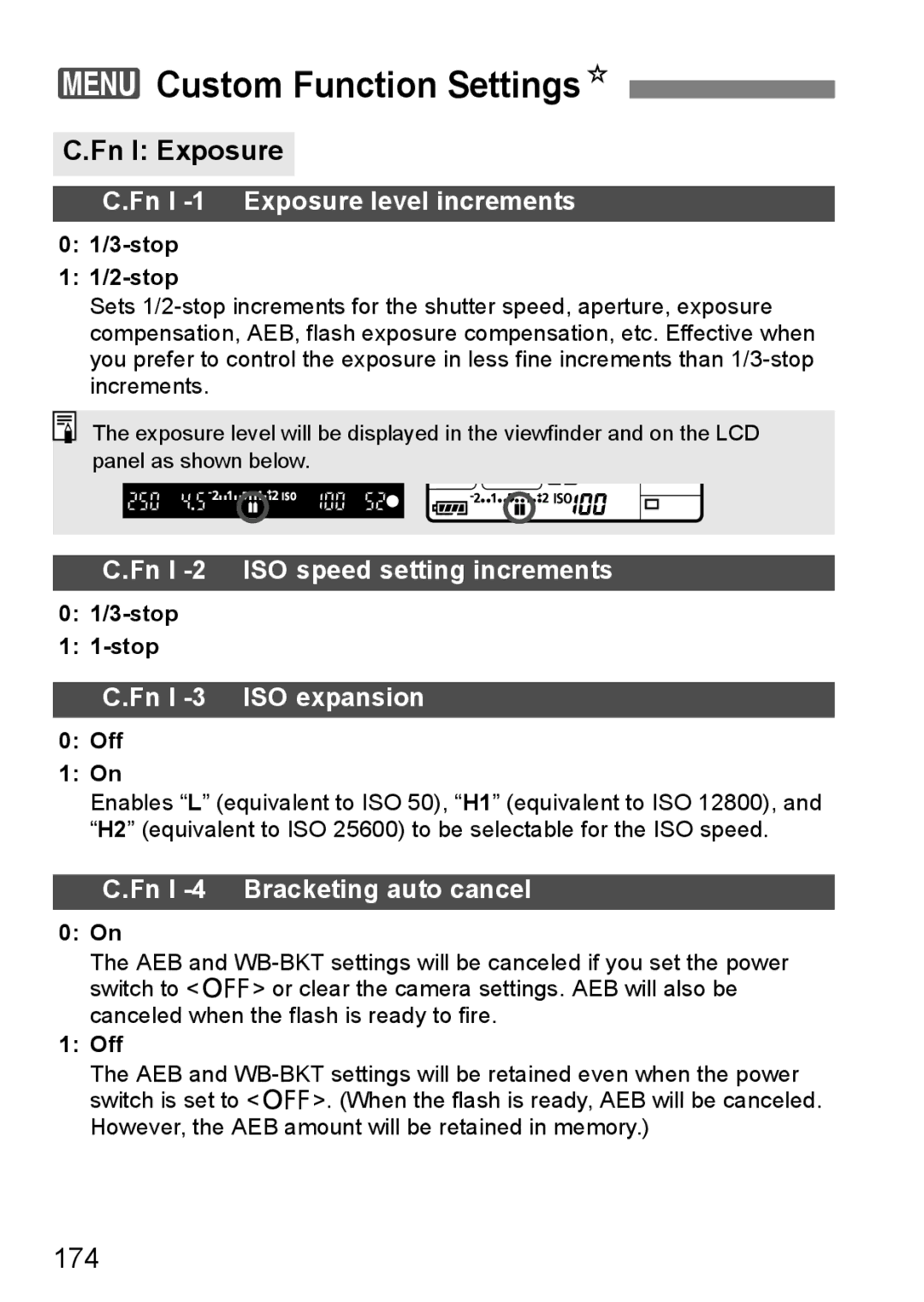 Canon EOS 5D instruction manual 3Custom Function SettingsN, Fn I Exposure, 174 