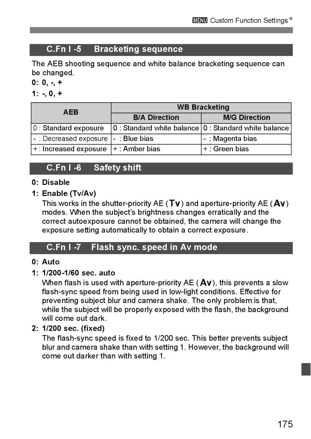 Canon EOS 5D 175, Fn I -5 Bracketing sequence, Fn I -6 Safety shift, Fn I -7 Flash sync. speed in Av mode 