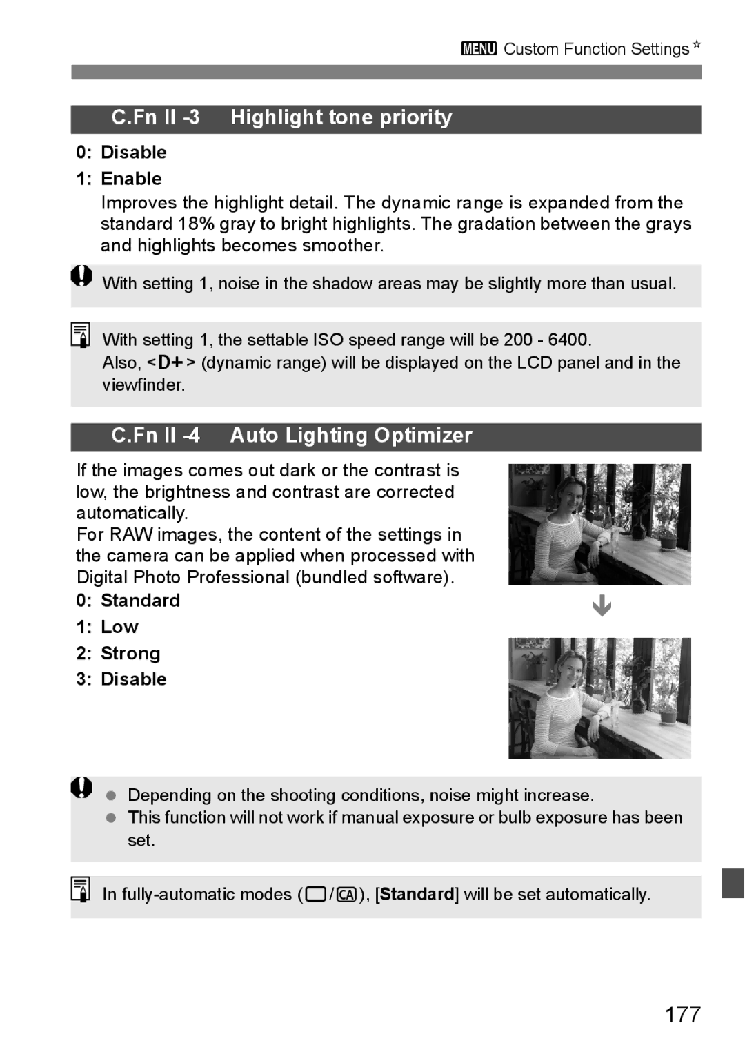 Canon EOS 5D instruction manual 177, Fn II -3 Highlight tone priority, Fn II -4 Auto Lighting Optimizer, Disable Enable 