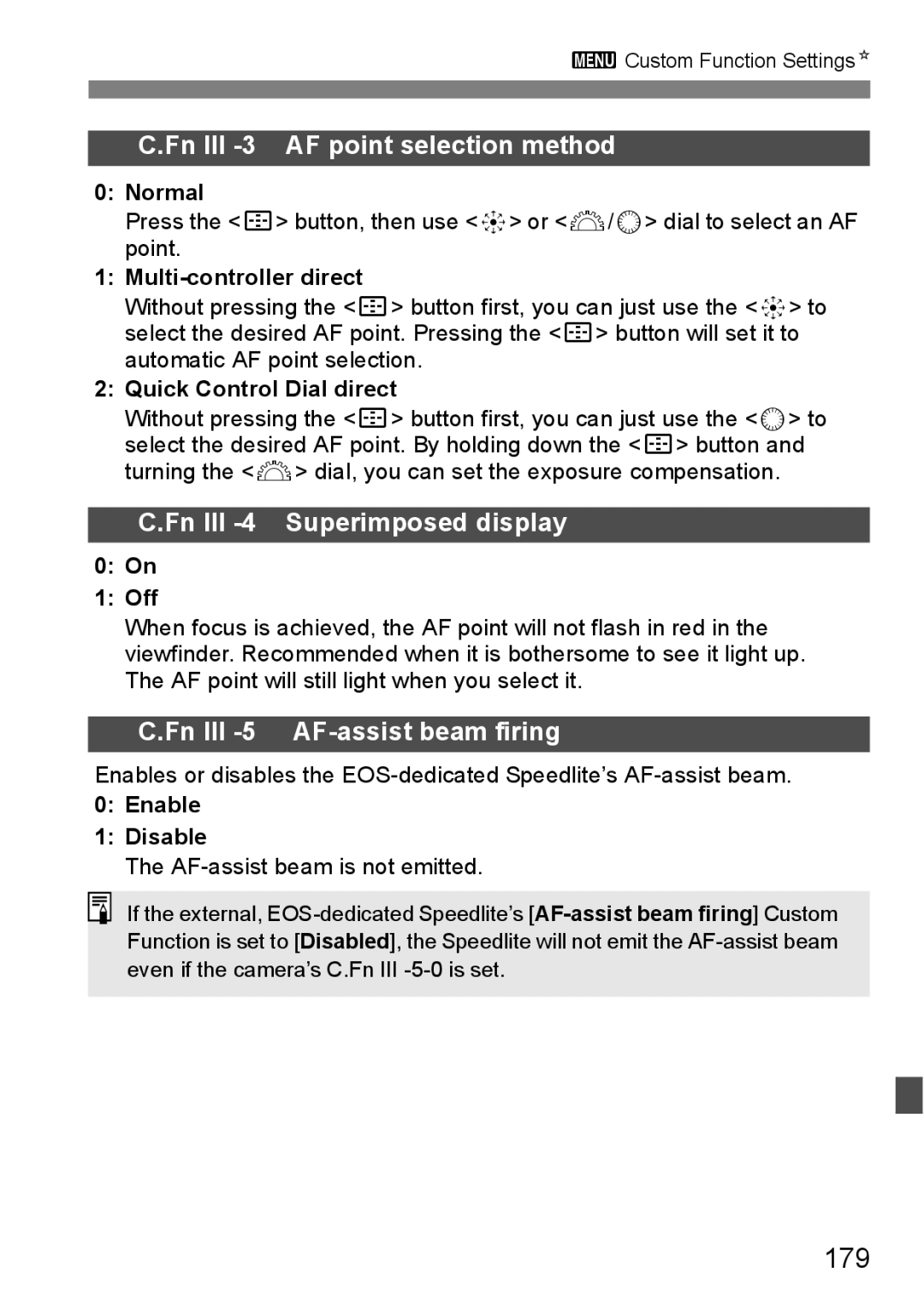 Canon EOS 5D 179, Fn III -3 AF point selection method, Fn III -4 Superimposed display, Fn III -5 AF-assist beam firing 