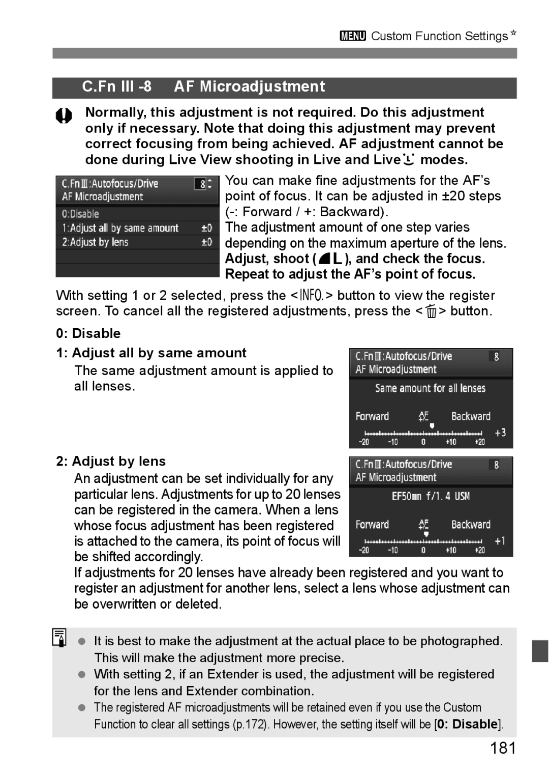 Canon EOS 5D instruction manual 181, Fn III -8 AF Microadjustment, Disable Adjust all by same amount, Adjust by lens 