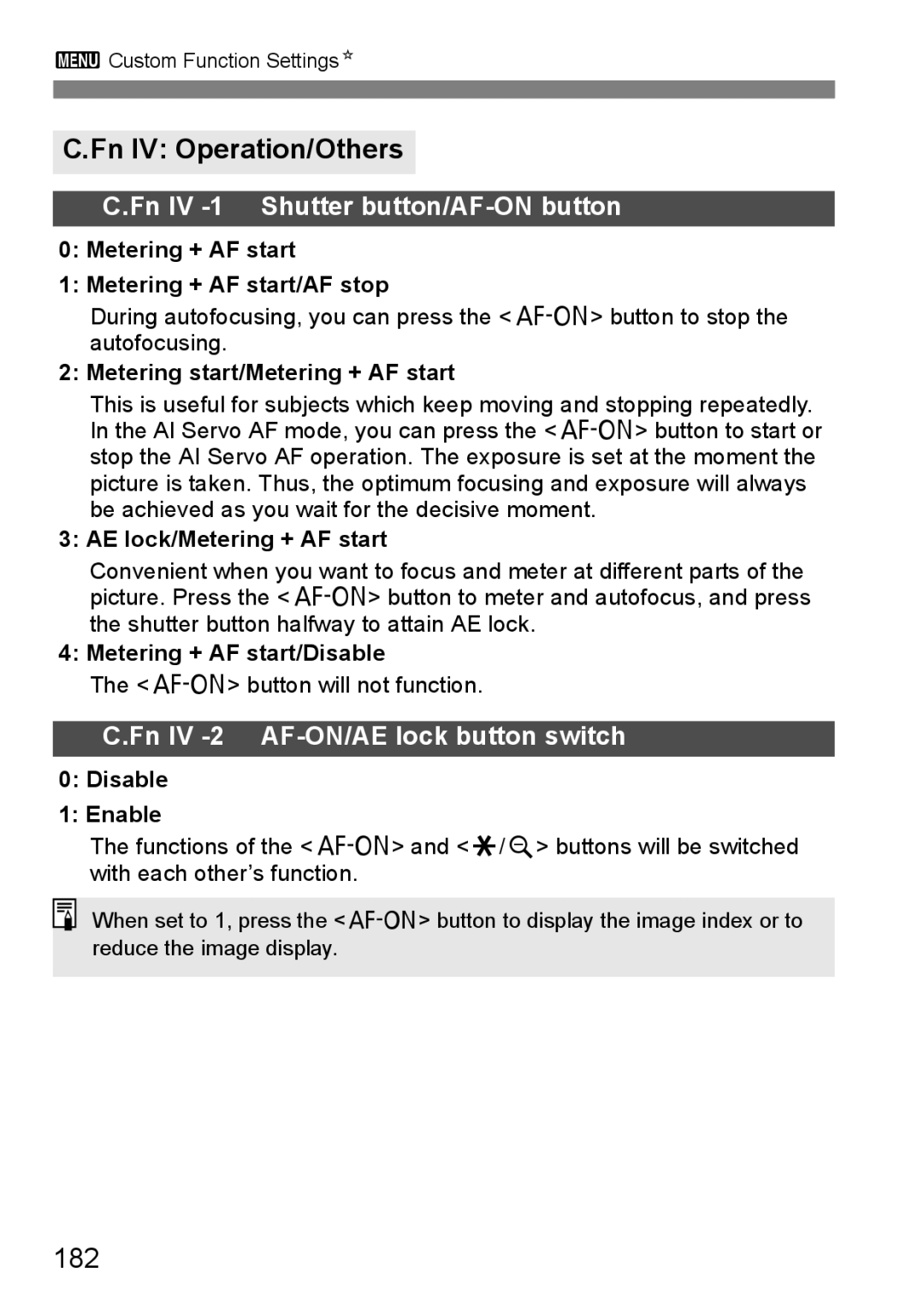 Canon EOS 5D Fn IV Operation/Others, 182, Fn IV -1 Shutter button/AF-ON button, Fn IV -2 AF-ON/AE lock button switch 