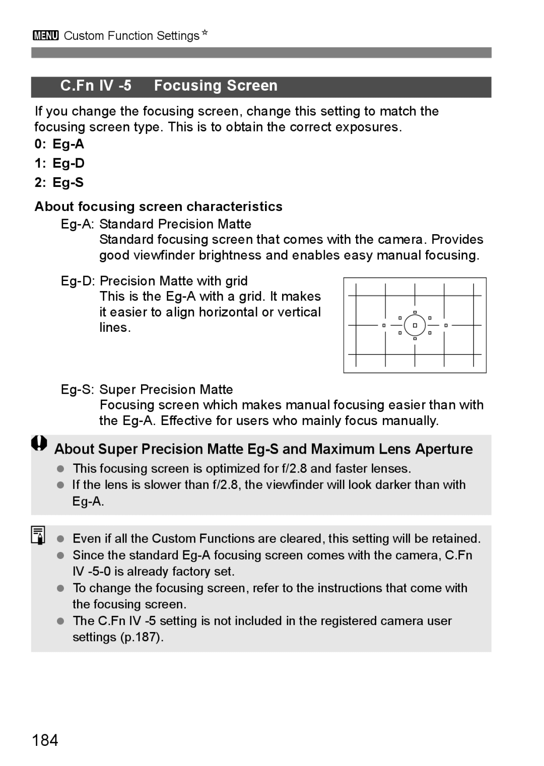 Canon EOS 5D instruction manual 184, Fn IV -5 Focusing Screen, About Super Precision Matte Eg-S and Maximum Lens Aperture 