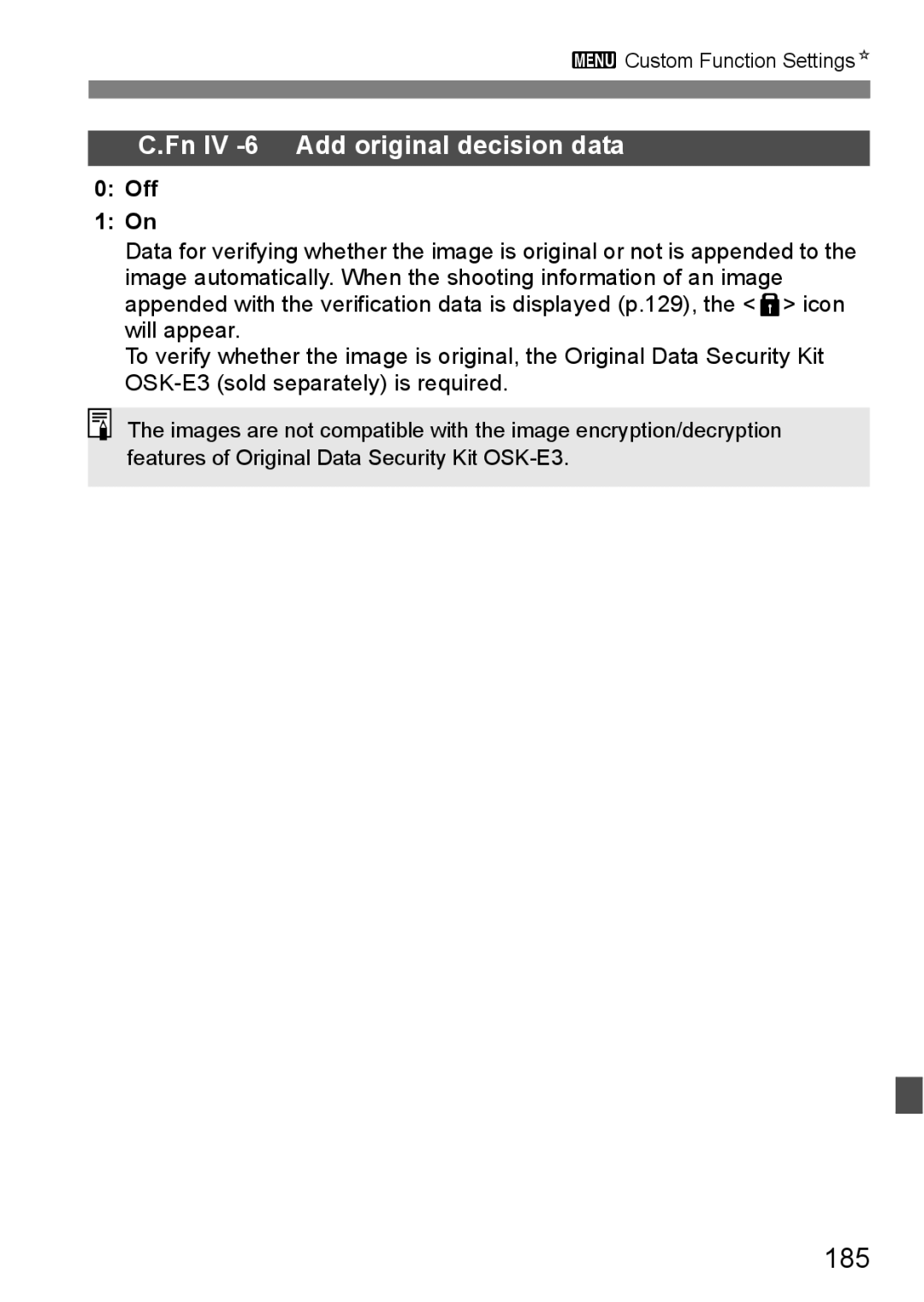 Canon EOS 5D instruction manual 185, Fn IV -6 Add original decision data 