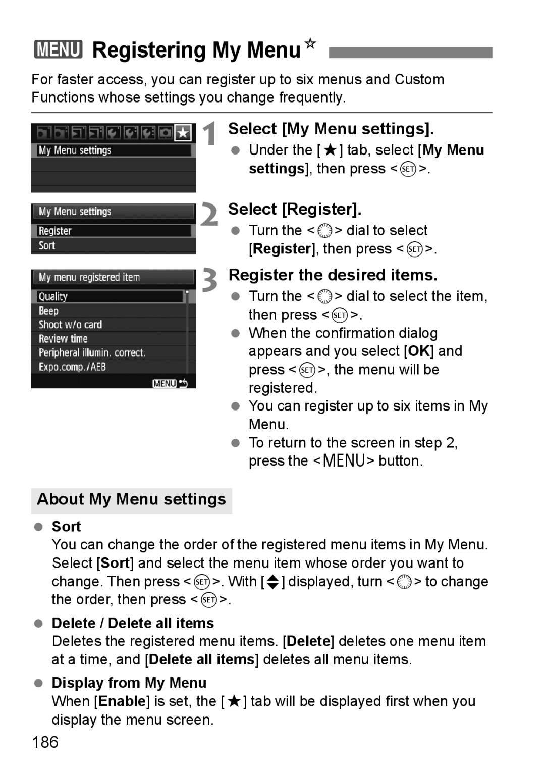 Canon EOS 5D instruction manual 3Registering My MenuN, Select My Menu settings, Select Register, Register the desired items 