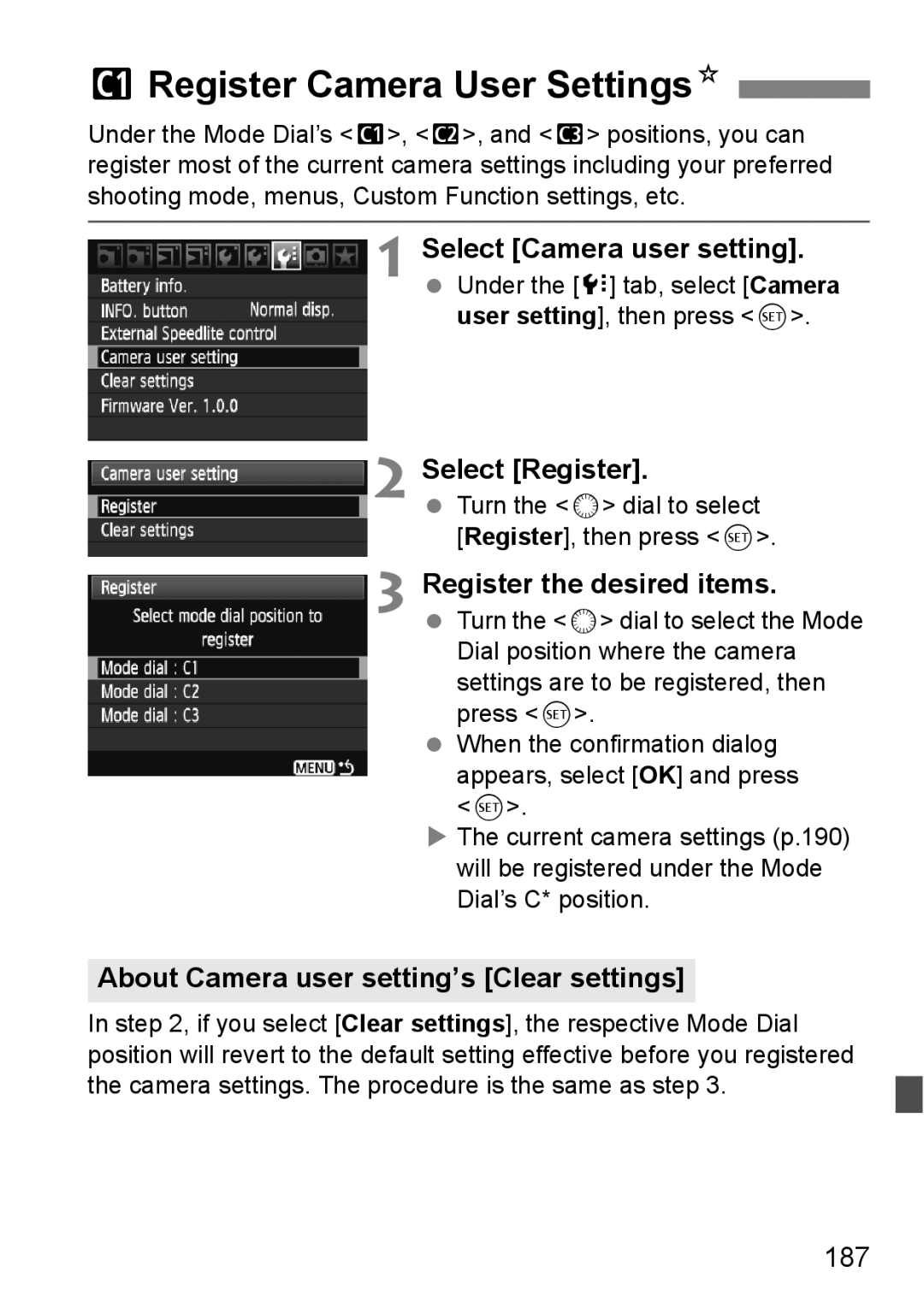 Canon EOS 5D WRegister Camera User SettingsN, Select Camera user setting, About Camera user setting’s Clear settings, 187 