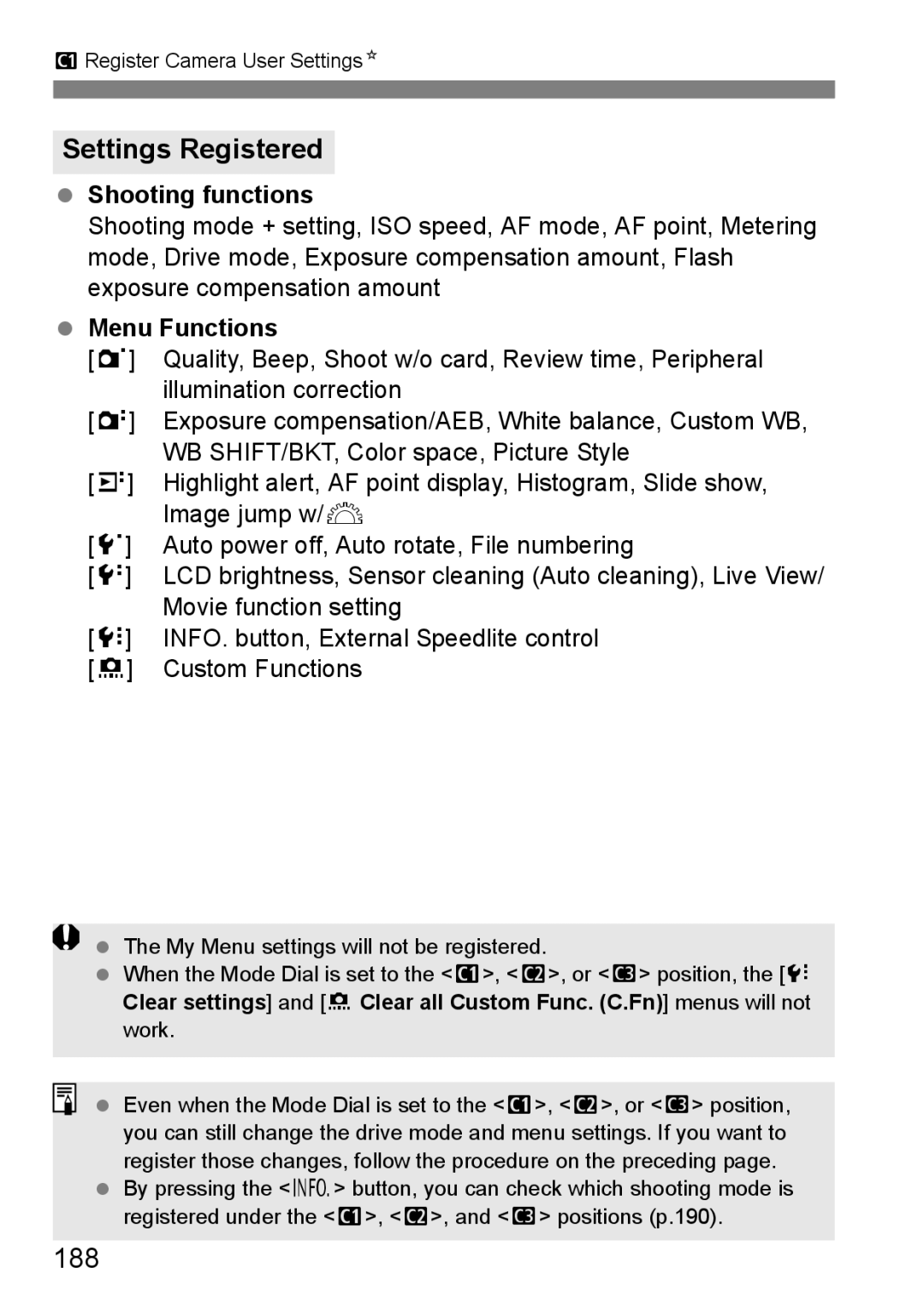 Canon EOS 5D instruction manual Settings Registered, 188, Shooting functions 