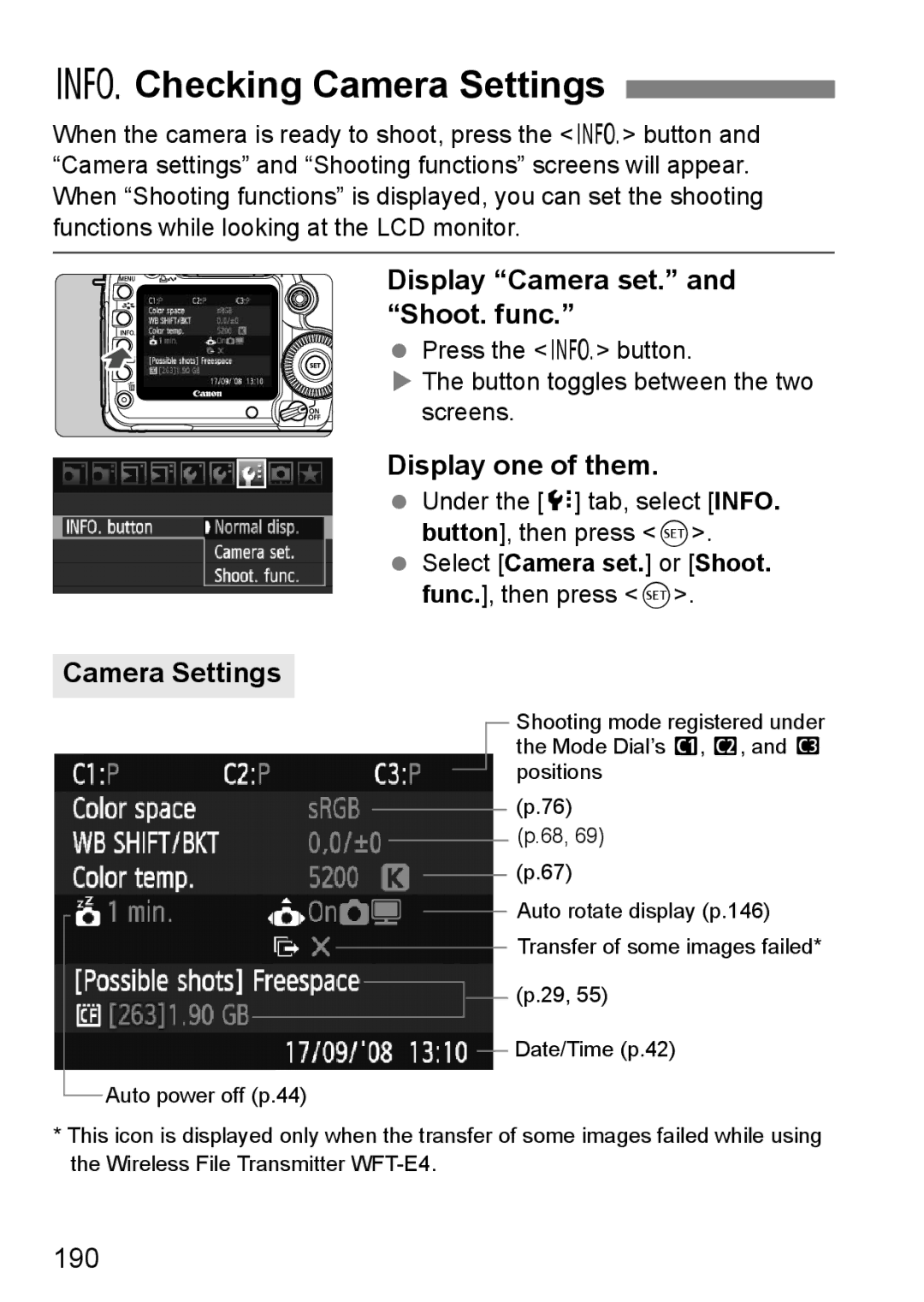 Canon EOS 5D instruction manual BChecking Camera Settings, Display Camera set. and Shoot. func, Display one of them, 190 