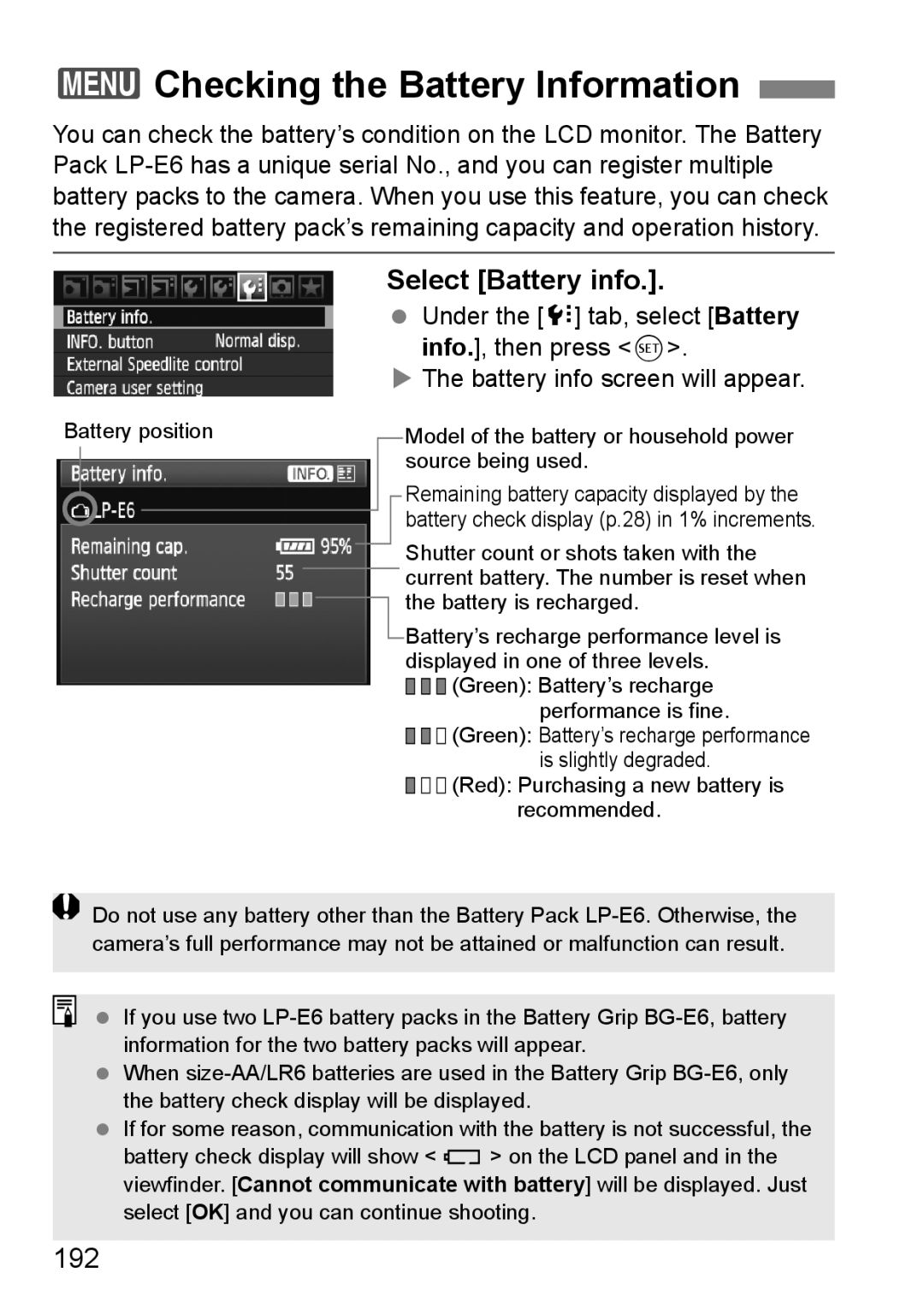 Canon EOS 5D instruction manual 3Checking the Battery Information, Select Battery info, 192 