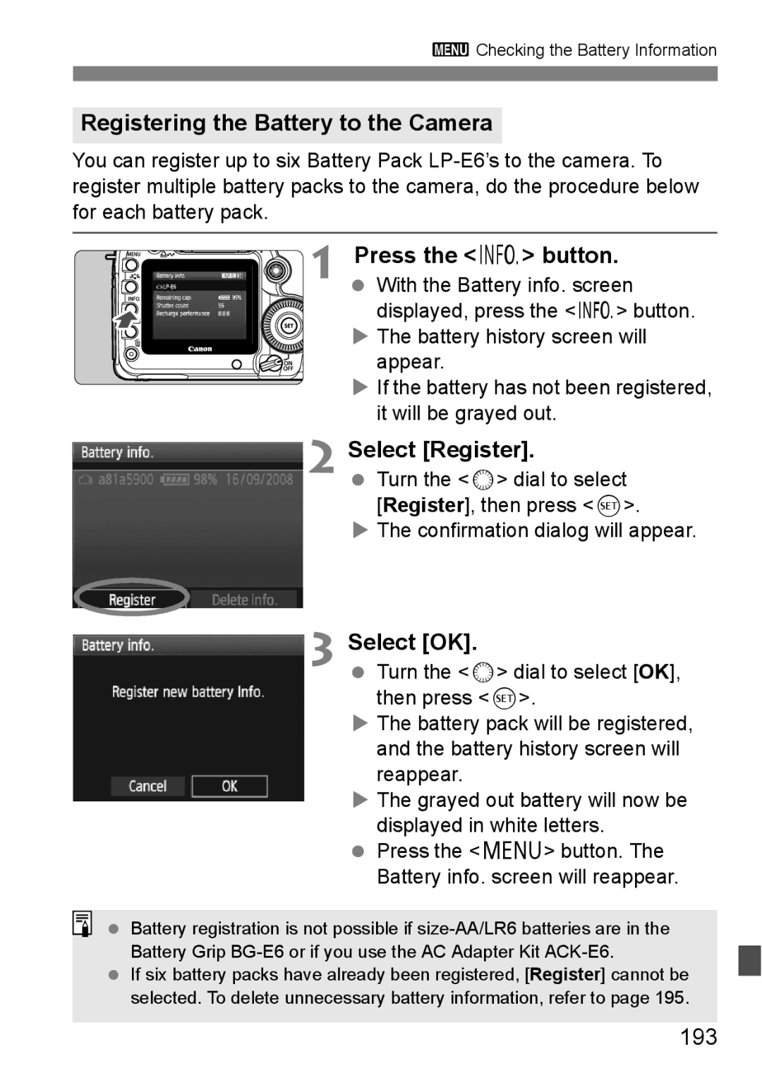 Canon EOS 5D instruction manual Registering the Battery to the Camera, Press the B button, 193 