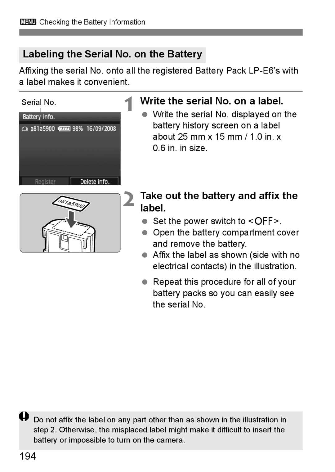 Canon EOS 5D Labeling the Serial No. on the Battery, Write the serial No. on a label, Take out the battery and affix, 194 