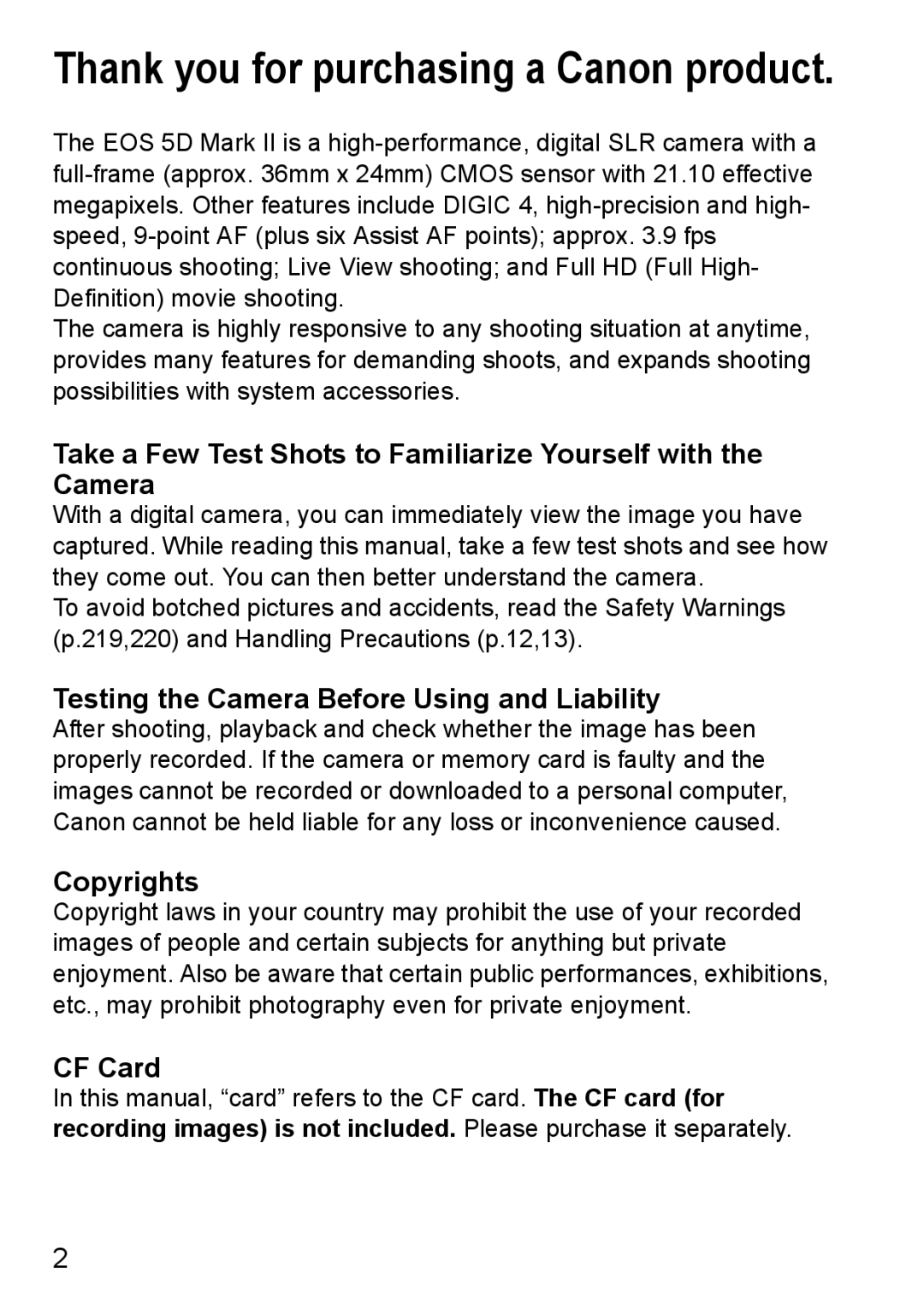 Canon EOS 5D instruction manual Testing the Camera Before Using and Liability, Copyrights, CF Card 