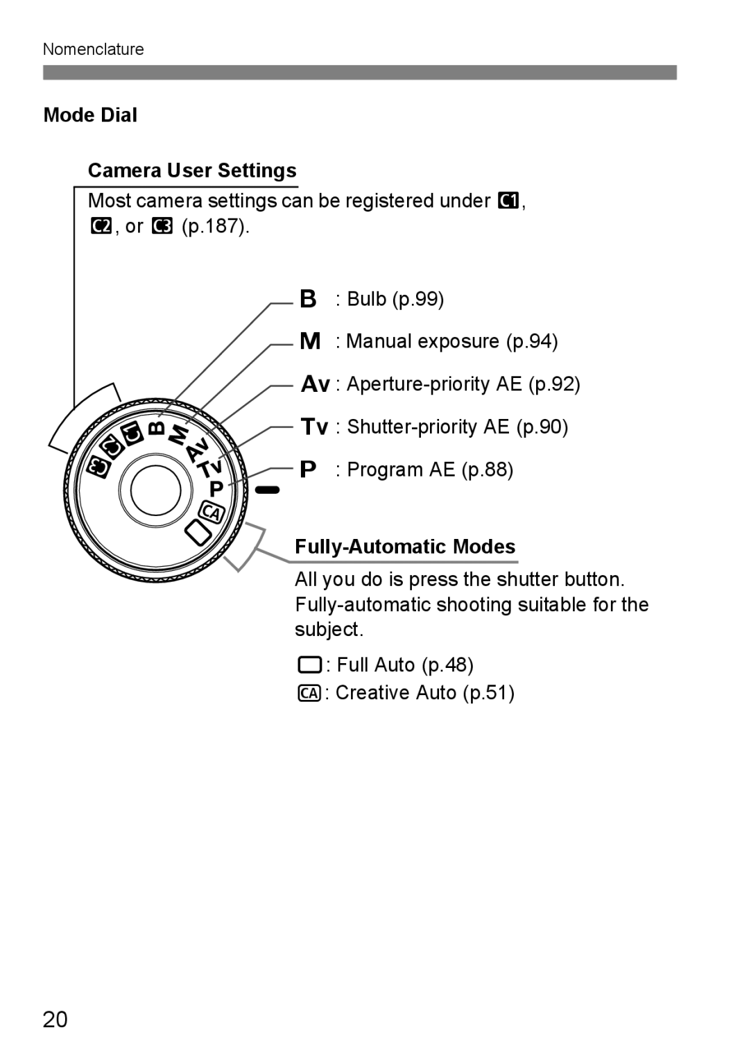 Canon EOS 5D instruction manual Mode Dial Camera User Settings, Fully-Automatic Modes 