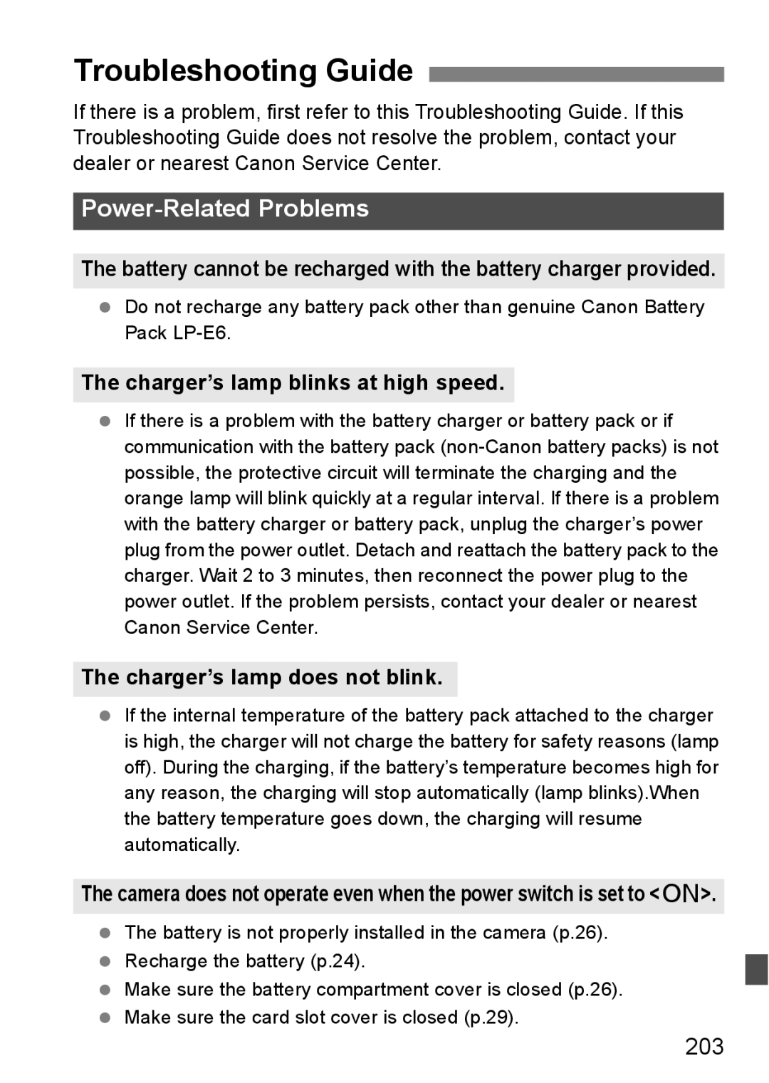 Canon EOS 5D Troubleshooting Guide, 203, Charger’s lamp blinks at high speed, Charger’s lamp does not blink 