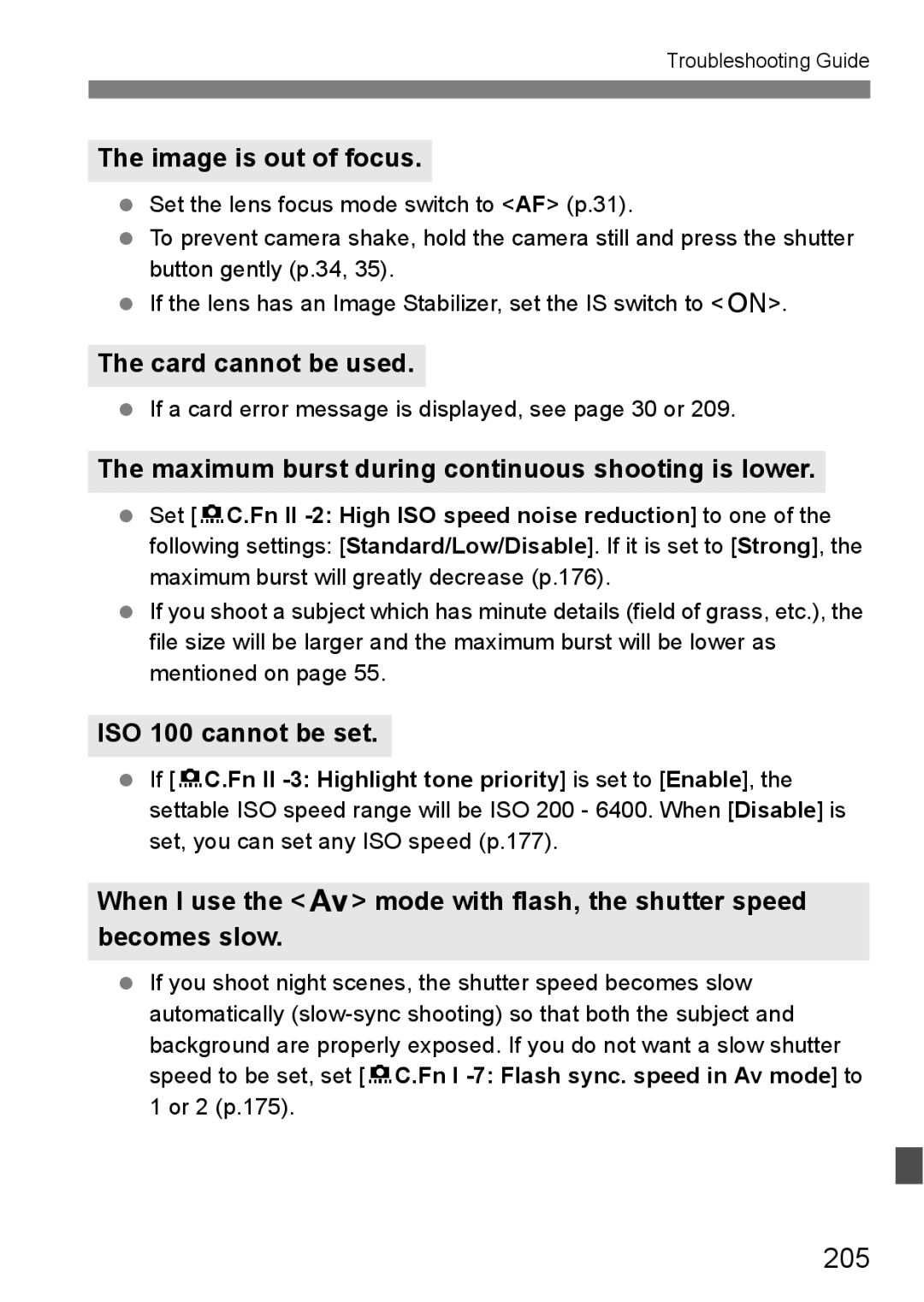 Canon EOS 5D 205, Image is out of focus, Card cannot be used, Maximum burst during continuous shooting is lower 