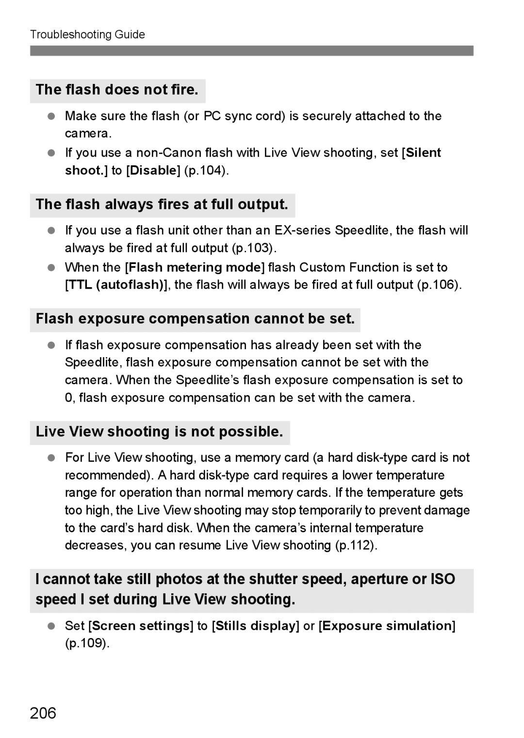 Canon EOS 5D 206, Flash does not fire, Flash always fires at full output, Flash exposure compensation cannot be set 