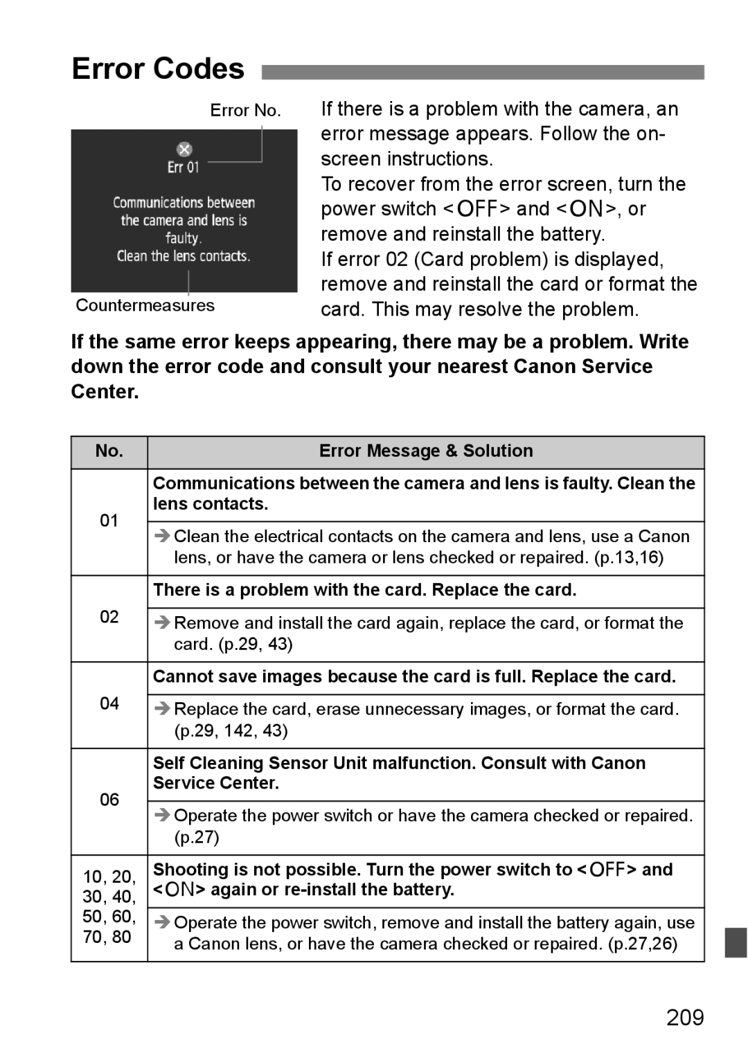 Canon EOS 5D instruction manual Error Codes, 209 