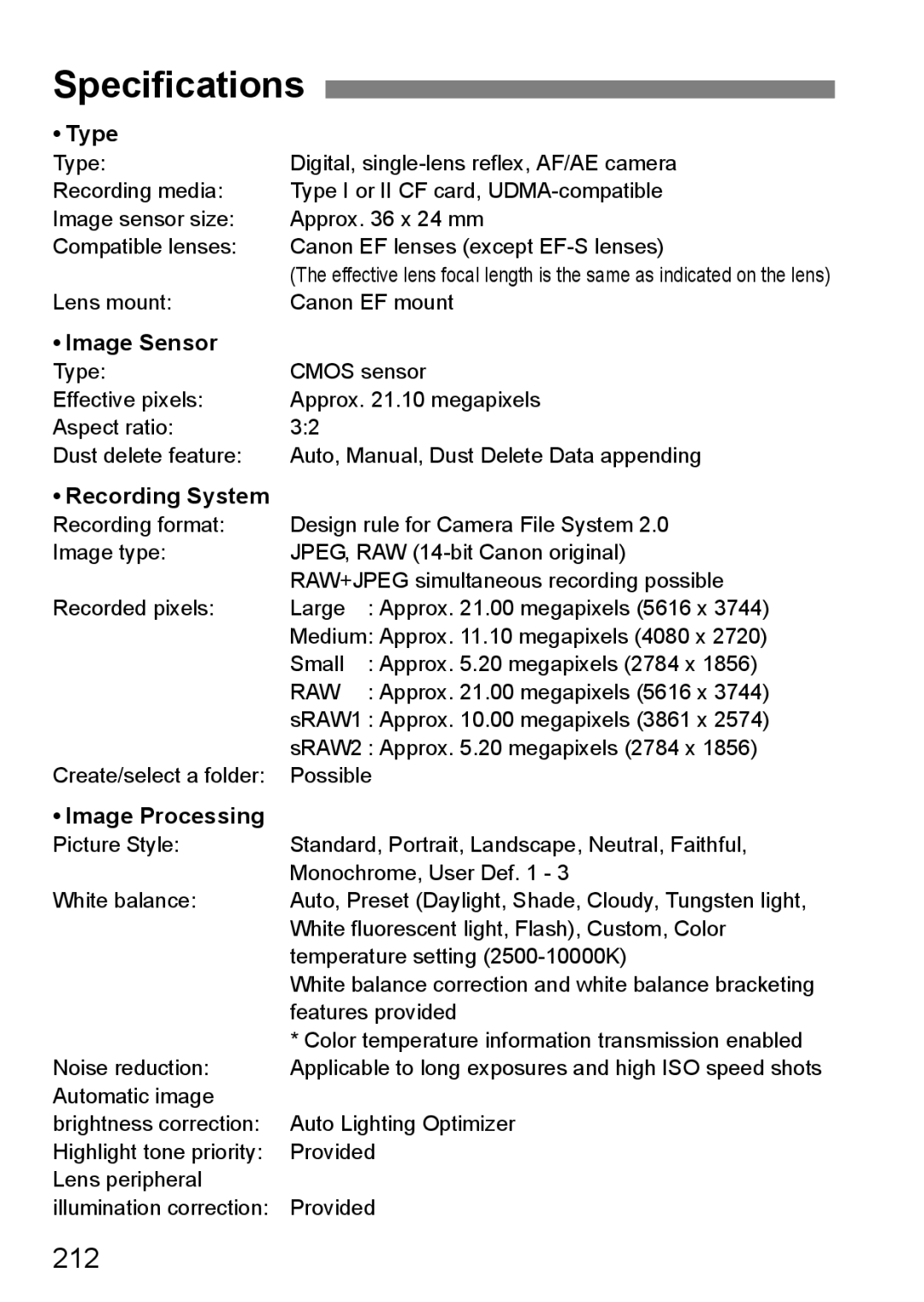 Canon EOS 5D instruction manual Specifications, 212 