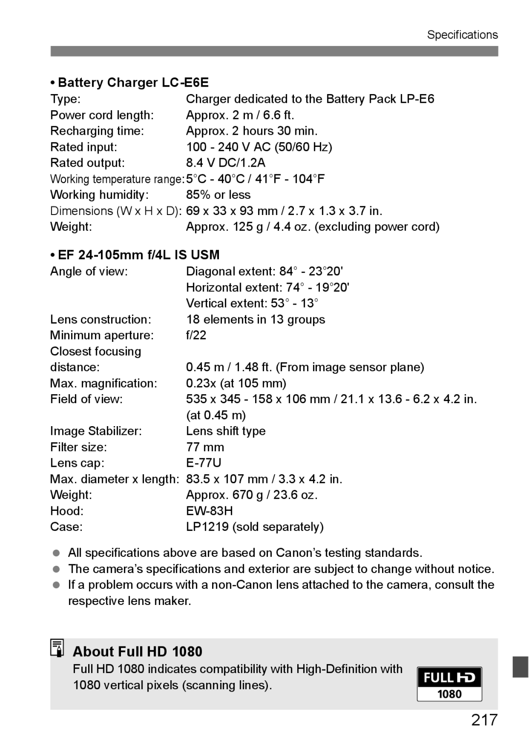 Canon EOS 5D instruction manual 217, About Full HD, Battery Charger LC-E6E, EF 24-105mm f/4L is USM 