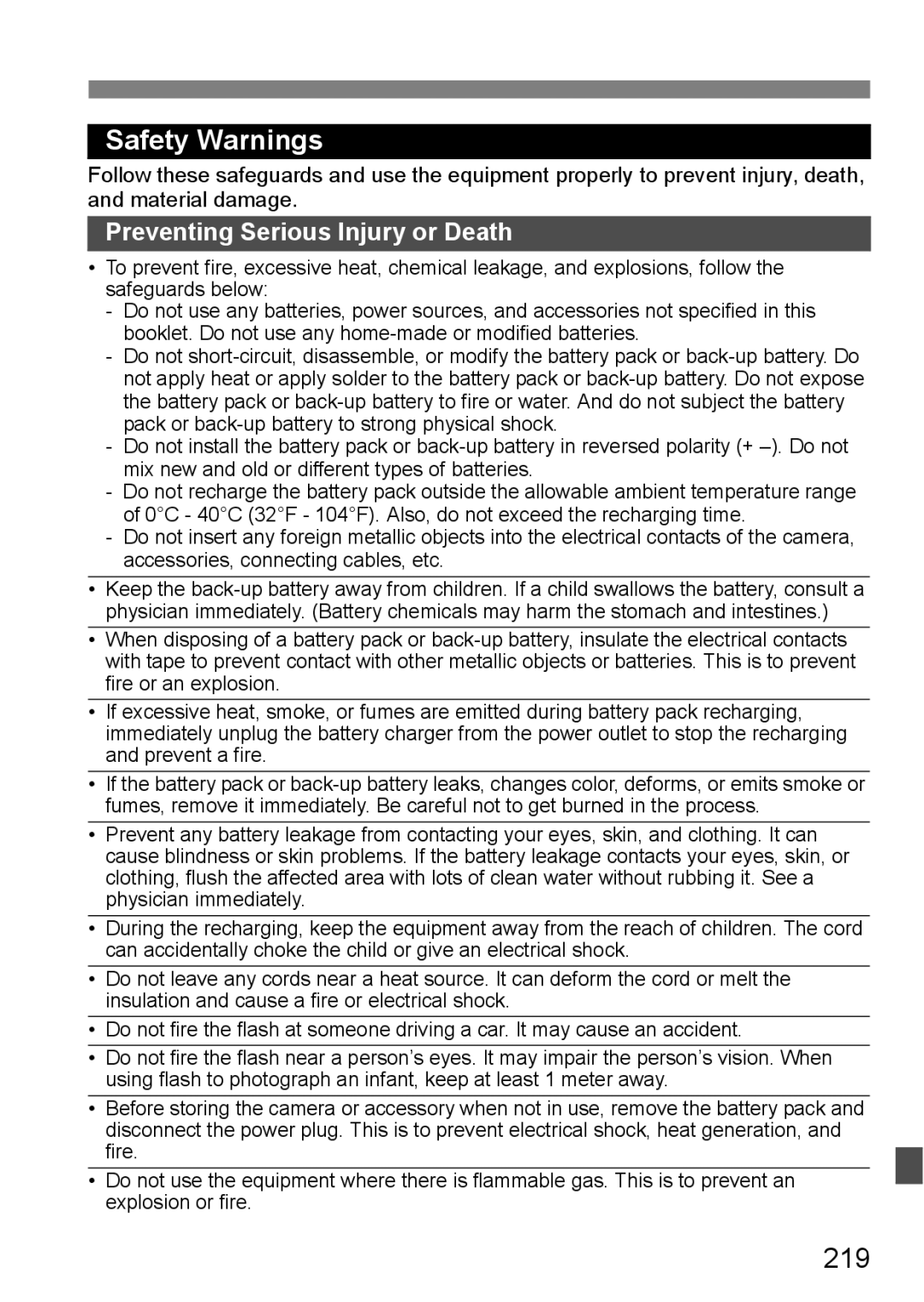 Canon EOS 5D instruction manual 219, Preventing Serious Injury or Death 