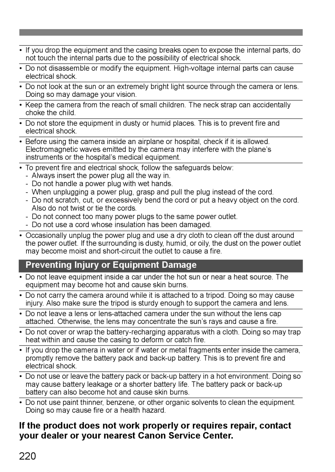 Canon EOS 5D instruction manual 220, Preventing Injury or Equipment Damage 