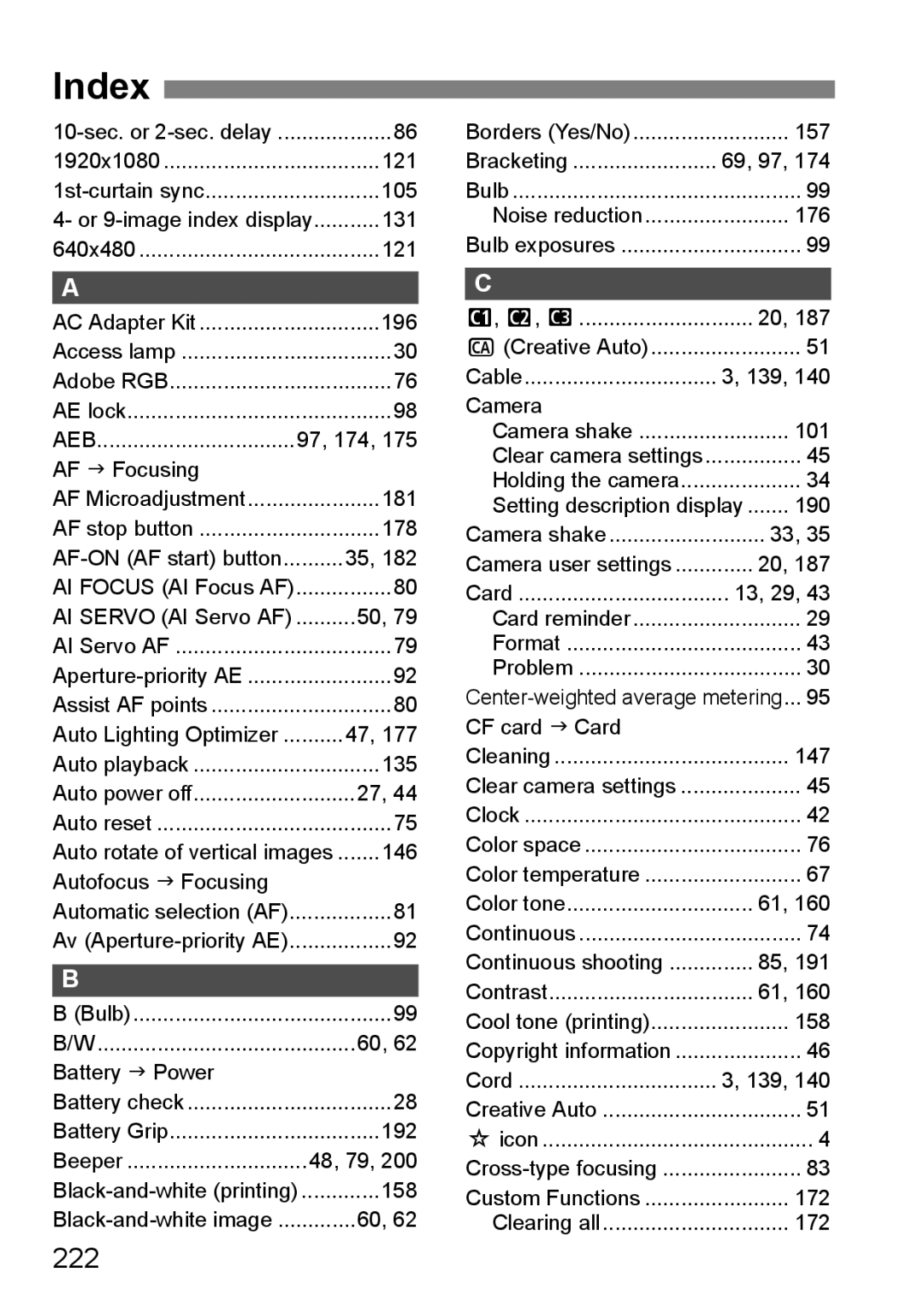 Canon EOS 5D instruction manual Index, 222 