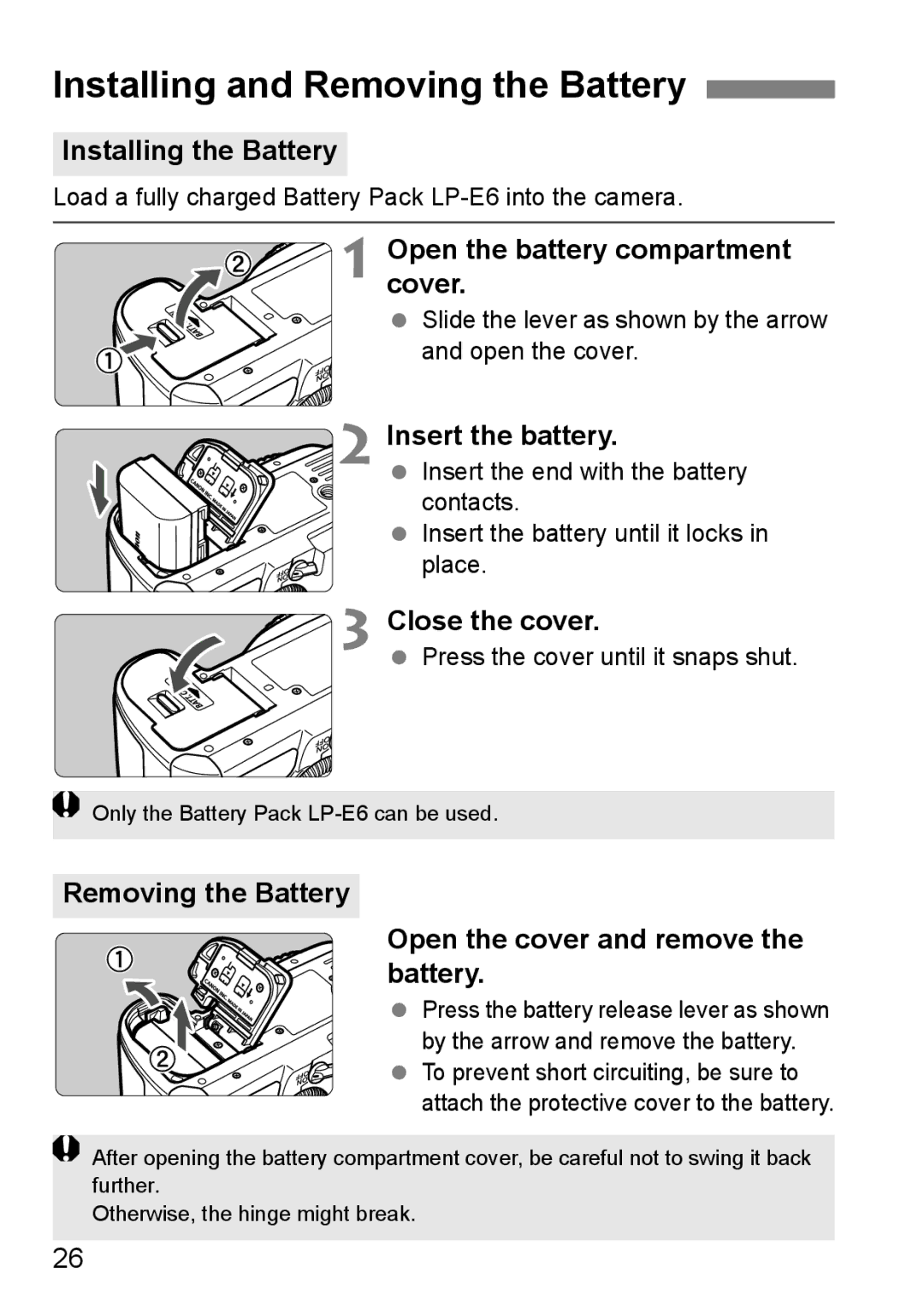 Canon EOS 5D instruction manual Installing and Removing the Battery 