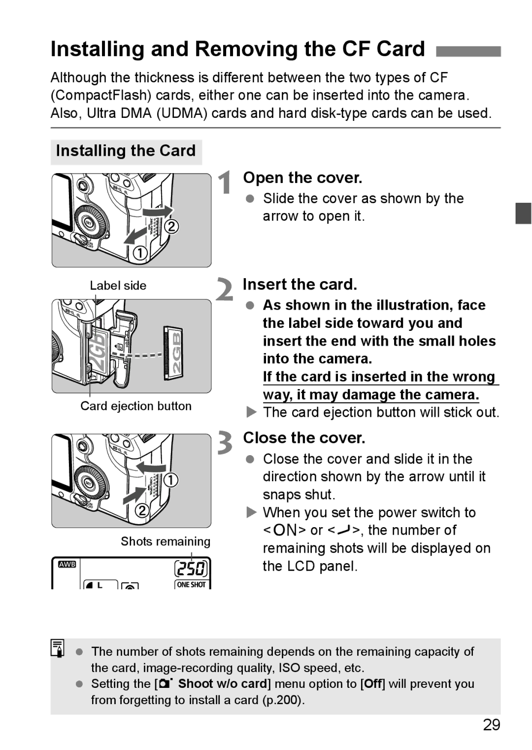 Canon EOS 5D instruction manual Installing and Removing the CF Card, Installing the Card Open the cover, Insert the card 