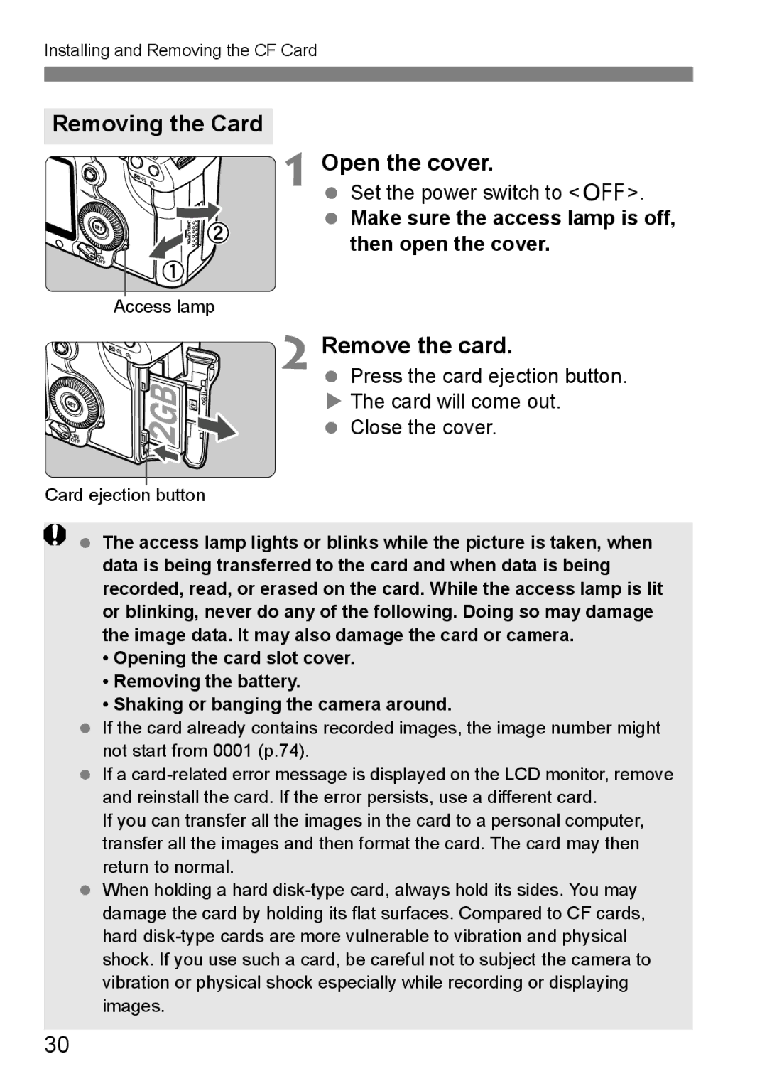 Canon EOS 5D instruction manual Removing the Card Open the cover, Remove the card, Set the power switch to 