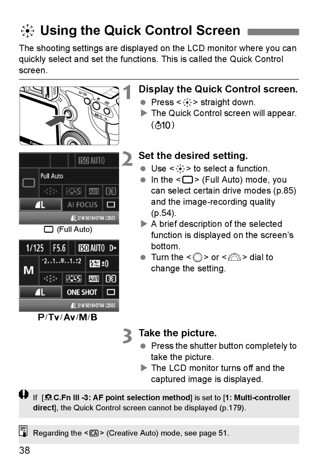 Canon EOS 5D instruction manual 9Using the Quick Control Screen, Display the Quick Control screen, Set the desired setting 