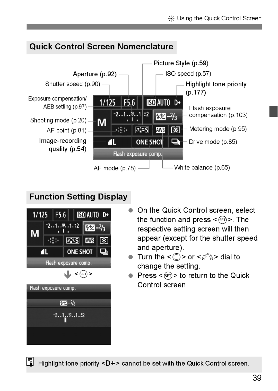 Canon EOS 5D instruction manual Quick Control Screen Nomenclature, Function Setting Display 