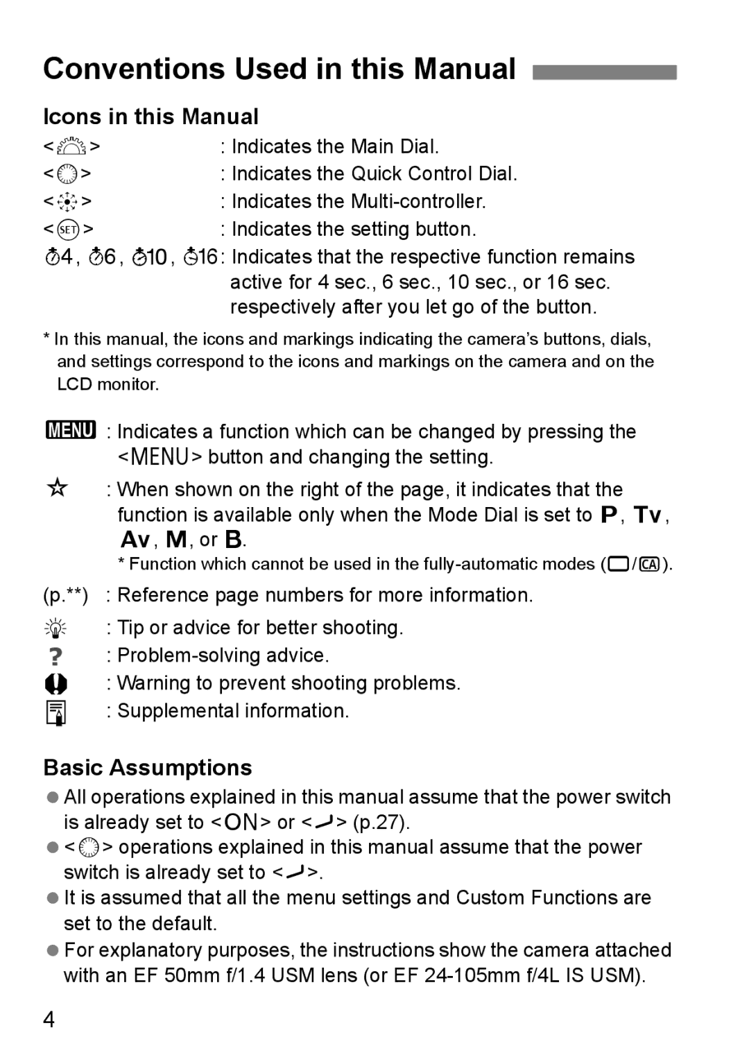 Canon EOS 5D instruction manual Conventions Used in this Manual, Icons in this Manual, Basic Assumptions 