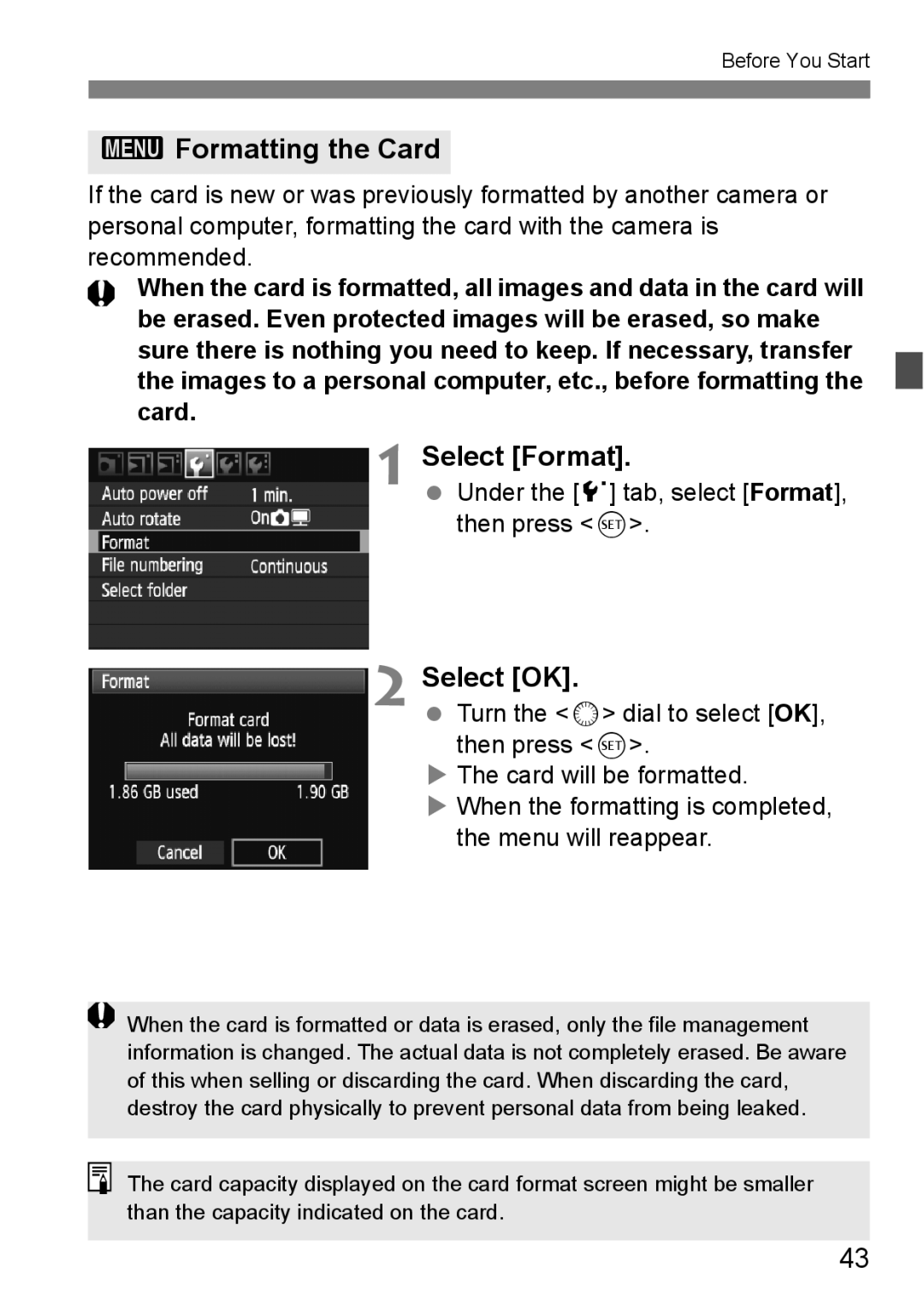 Canon EOS 5D instruction manual 3Formatting the Card, Select Format, Select OK, Under the 5 tab, select Format, then press 