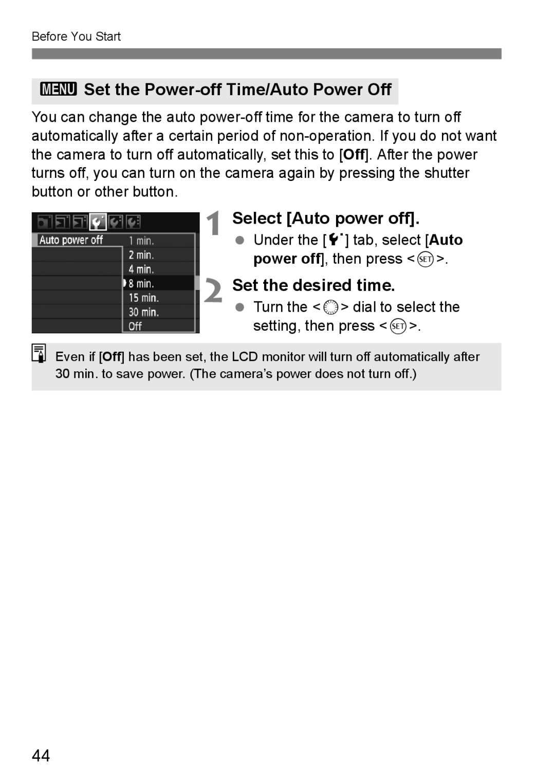 Canon EOS 5D instruction manual 3Set the Power-off Time/Auto Power Off, Set the desired time 