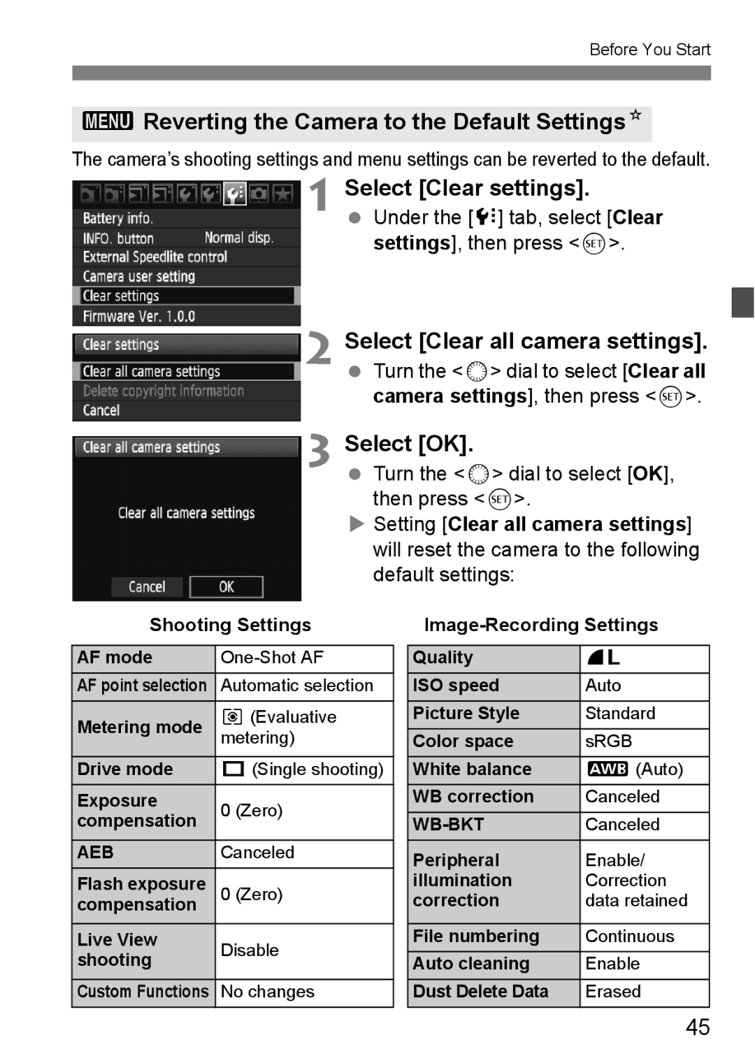 Canon EOS 5D instruction manual 3Reverting the Camera to the Default SettingsN, Select Clear settings 